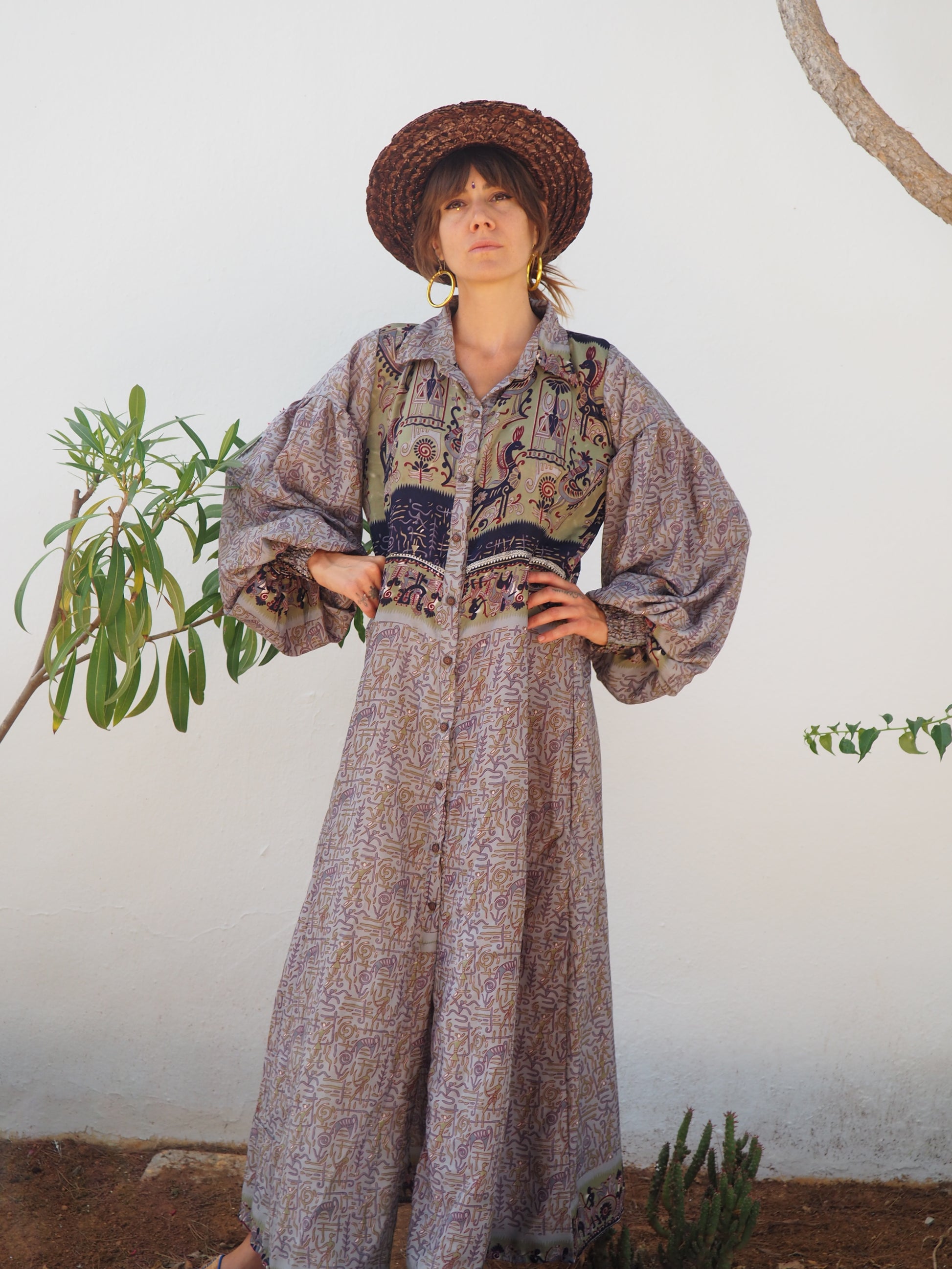 vintage textiles, sari kimono, sari dress, up cycled Indian, bohemian dress, bohemian kimono, kaftan, recycled sari, recycled dress, vintage dress, vintage kimono, slow fashion brand, sustainable fashion brand, up-cycled fashion brand, vintage shop, boho vintage, boho dress, vintage ibiza, recycled fashion brand, floral dress, ethical fashion, up-cycled dress, shop vintage dresses, long sleeve maxi dress, boho maxi dress, puff sleeve maxi dress, oversized sleeves