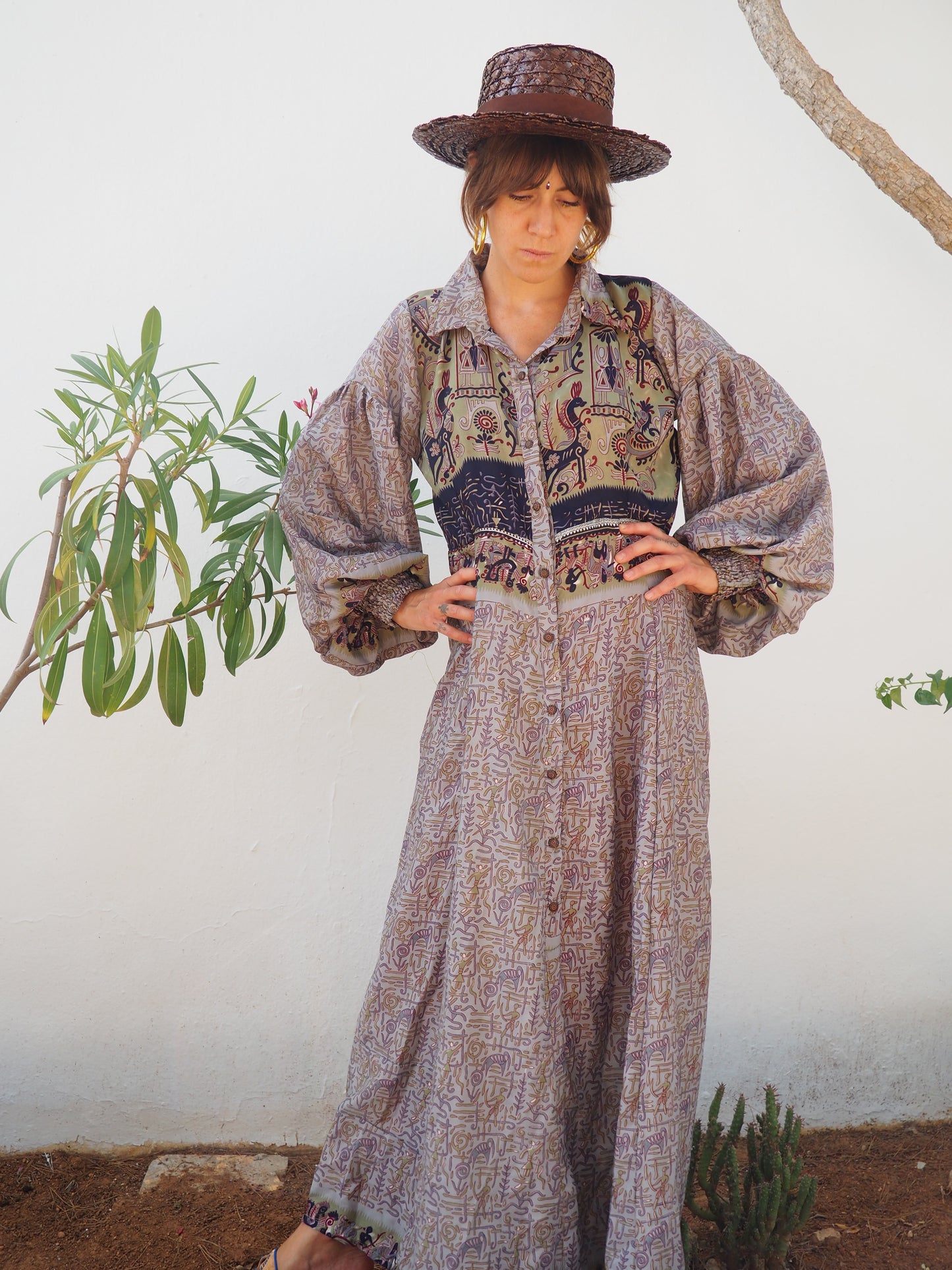 vintage textiles, sari kimono, sari dress, up cycled Indian, bohemian dress, bohemian kimono, kaftan, recycled sari, recycled dress, vintage dress, vintage kimono, slow fashion brand, sustainable fashion brand, up-cycled fashion brand, vintage shop, boho vintage, boho dress, vintage ibiza, recycled fashion brand, floral dress, ethical fashion, up-cycled dress, shop vintage dresses, long sleeve maxi dress, boho maxi dress, puff sleeve maxi dress, oversized sleeves