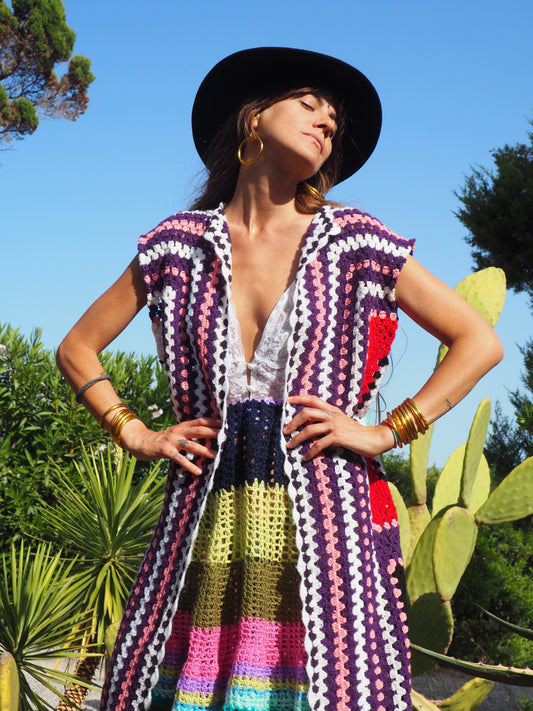 colourful waistcoat, Vintage Crochet Jacket, up cycled jacket , handmade jacket, striped jacket , vintage jacket, 1970s jacket , long waistcoat, slow fashion , sustainable fashion, vintage shop, ibiza vintage shop, ibiza style, bohemian jacket, boho jacket, colourful jacket, festival jacket, hippie style, 70s clothing, original vintage, recycled fashion brand, sustainable fashion brand, slow fashion brand, rainbow fashion, knitted jacket, woven jacket, winter jacket