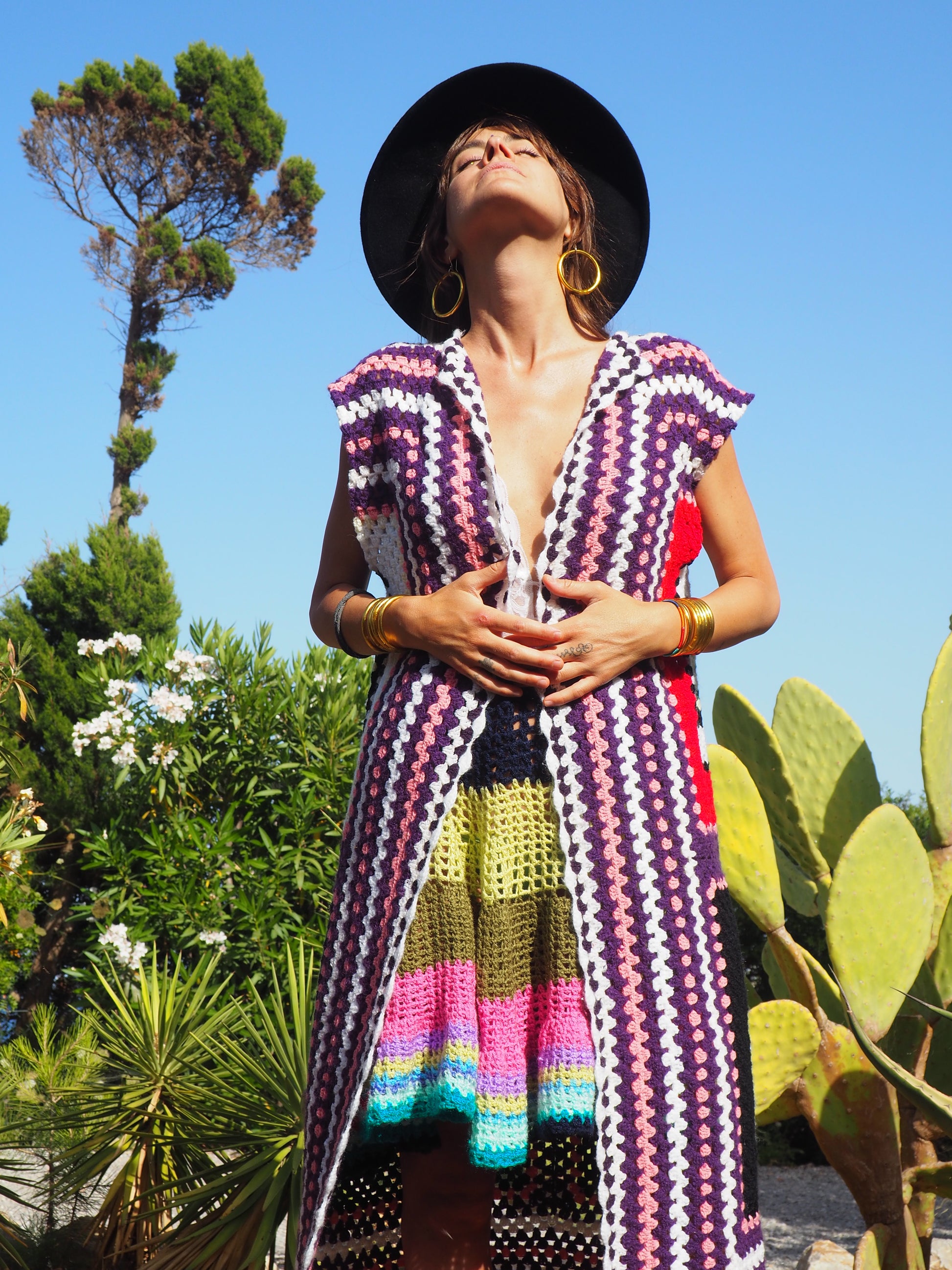 colourful waistcoat, Vintage Crochet Jacket, up cycled jacket , handmade jacket, striped jacket , vintage jacket, 1970s jacket , long waistcoat, slow fashion , sustainable fashion, vintage shop, ibiza vintage shop, ibiza style, bohemian jacket, boho jacket, colourful jacket, festival jacket, hippie style, 70s clothing, original vintage, recycled fashion brand, sustainable fashion brand, slow fashion brand, rainbow fashion, knitted jacket, woven jacket, winter jacket