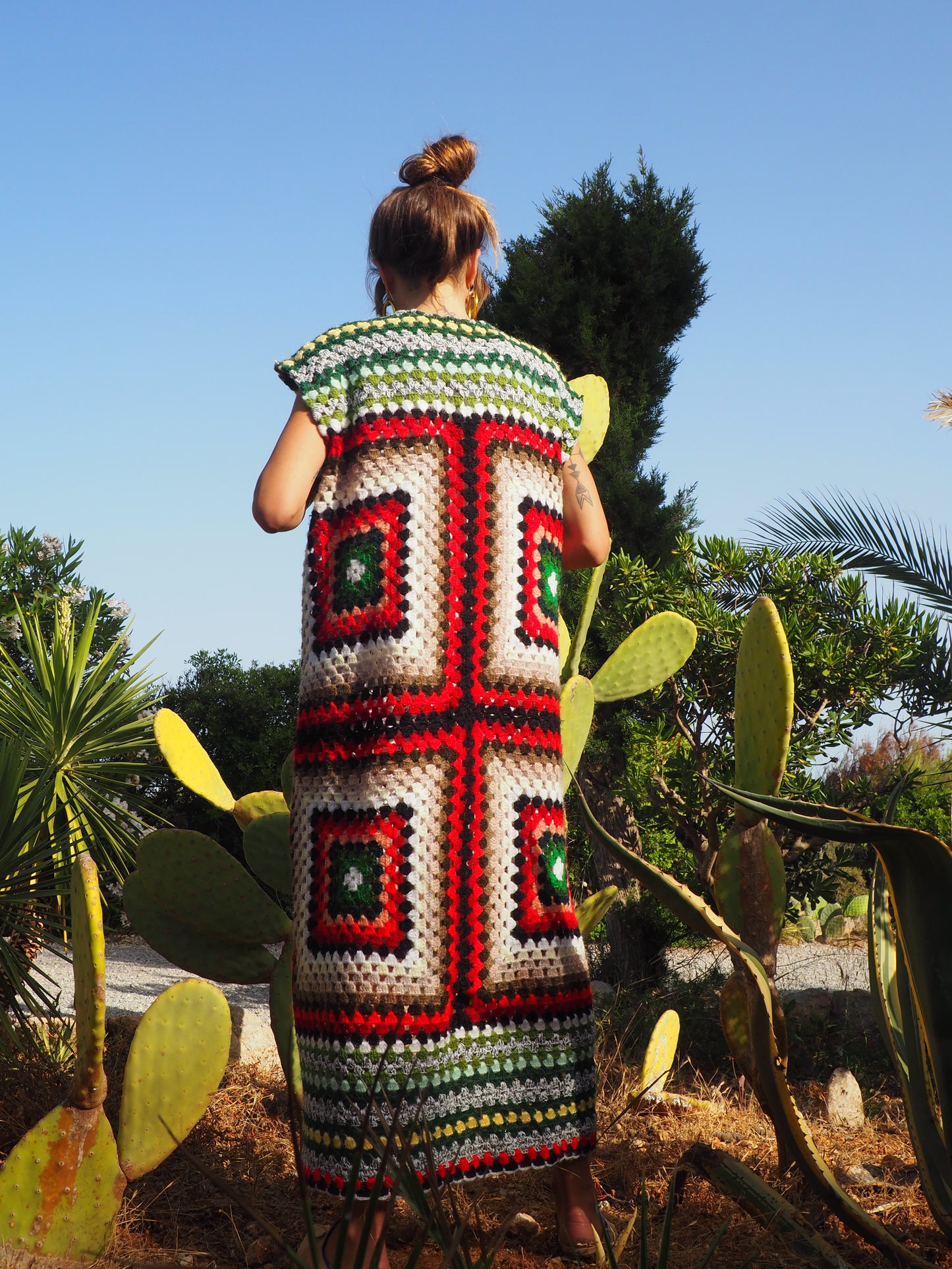 colourful waistcoat, Vintage Crochet Jacket, up cycled jacket , handmade jacket, striped jacket , vintage jacket, 1970s jacket , long waistcoat, slow fashion , sustainable fashion, vintage shop, ibiza vintage shop, ibiza style, bohemian jacket, boho jacket, colourful jacket, festival jacket, hippie style, 70s clothing, original vintage, recycled fashion brand, sustainable fashion brand, slow fashion brand, rainbow fashion, knitted jacket, woven jacket, winter jacket