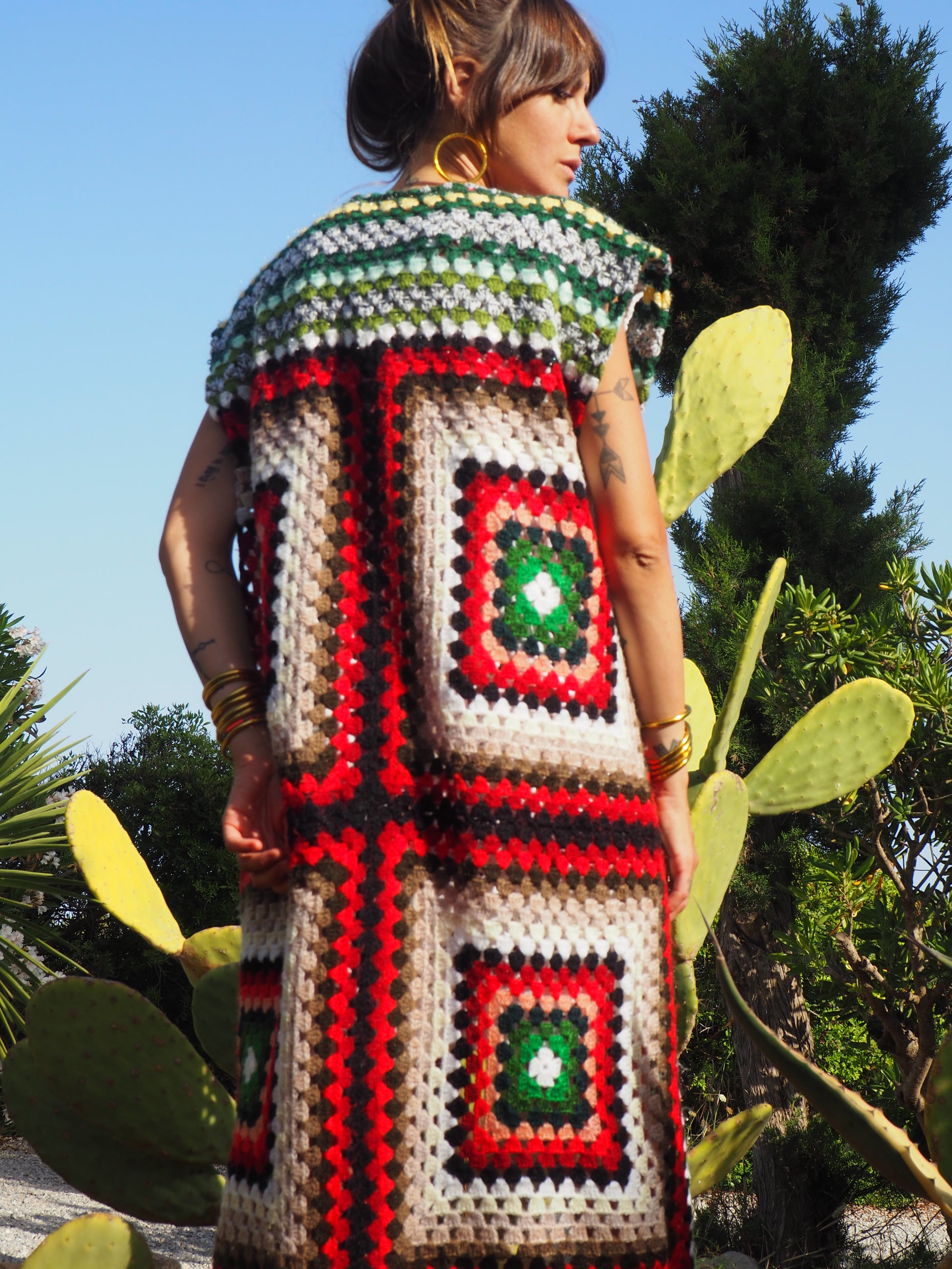 colourful waistcoat, Vintage Crochet Jacket, up cycled jacket , handmade jacket, striped jacket , vintage jacket, 1970s jacket , long waistcoat, slow fashion , sustainable fashion, vintage shop, ibiza vintage shop, ibiza style, bohemian jacket, boho jacket, colourful jacket, festival jacket, hippie style, 70s clothing, original vintage, recycled fashion brand, sustainable fashion brand, slow fashion brand, rainbow fashion, knitted jacket, woven jacket, winter jacket