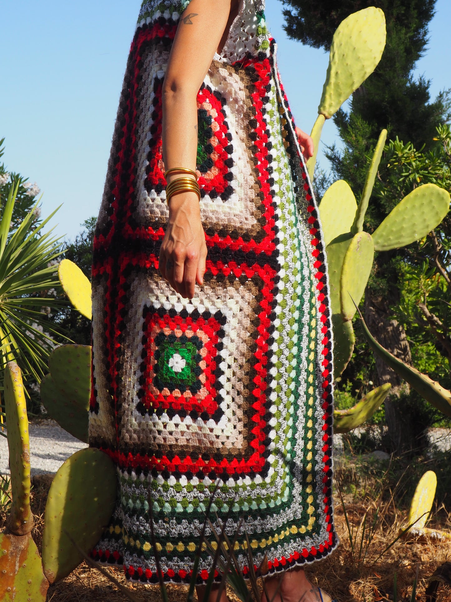 colourful waistcoat, Vintage Crochet Jacket, up cycled jacket , handmade jacket, striped jacket , vintage jacket, 1970s jacket , long waistcoat, slow fashion , sustainable fashion, vintage shop, ibiza vintage shop, ibiza style, bohemian jacket, boho jacket, colourful jacket, festival jacket, hippie style, 70s clothing, original vintage, recycled fashion brand, sustainable fashion brand, slow fashion brand, rainbow fashion, knitted jacket, woven jacket, winter jacket