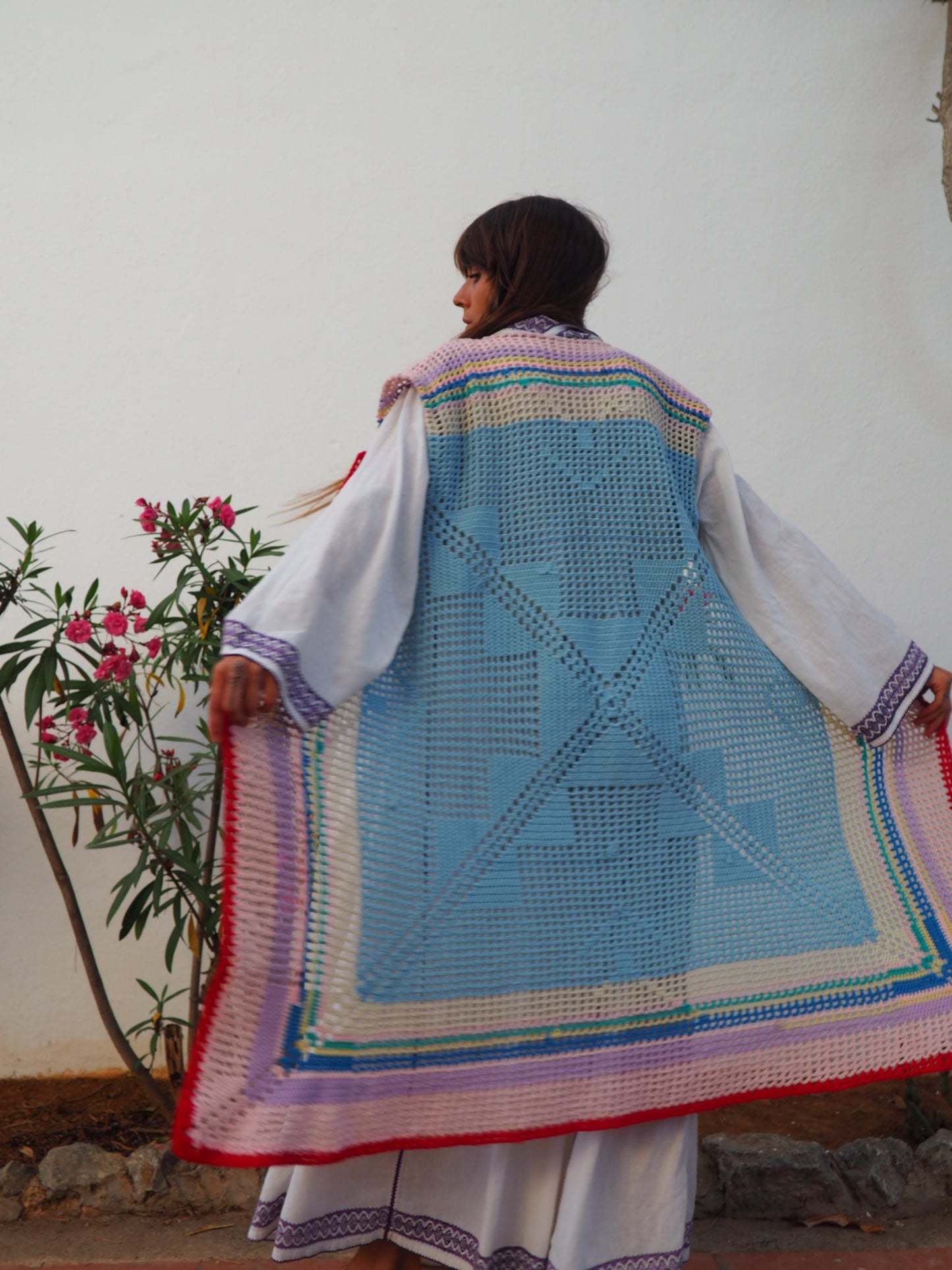 colourful waistcoat, Vintage Crochet Jacket, up cycled jacket , handmade jacket, striped jacket , vintage jacket, 1970s jacket , long waistcoat, slow fashion , sustainable fashion, vintage shop, ibiza vintage shop, ibiza style, bohemian jacket, boho jacket, colourful jacket, festival jacket, hippie style, 70s clothing, original vintage, recycled fashion brand, sustainable fashion brand, slow fashion brand, rainbow fashion, knitted jacket, woven jacket, winter jacket, crochet jumper, vintage fashion, 