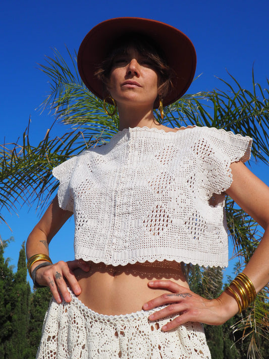 Antique handmade lace crochet up-cycled top by Vagabond Ibiza