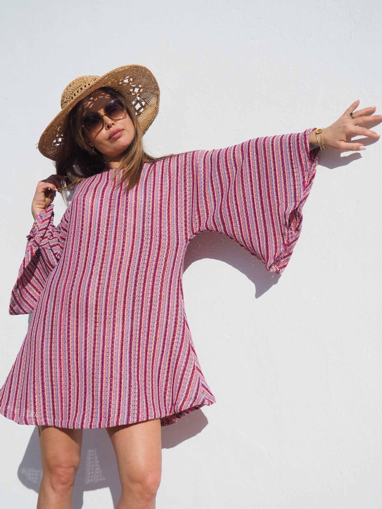 Retro dead stock fabric up-cycled pink striped bell sleeve dress made by Vagabond Ibiza