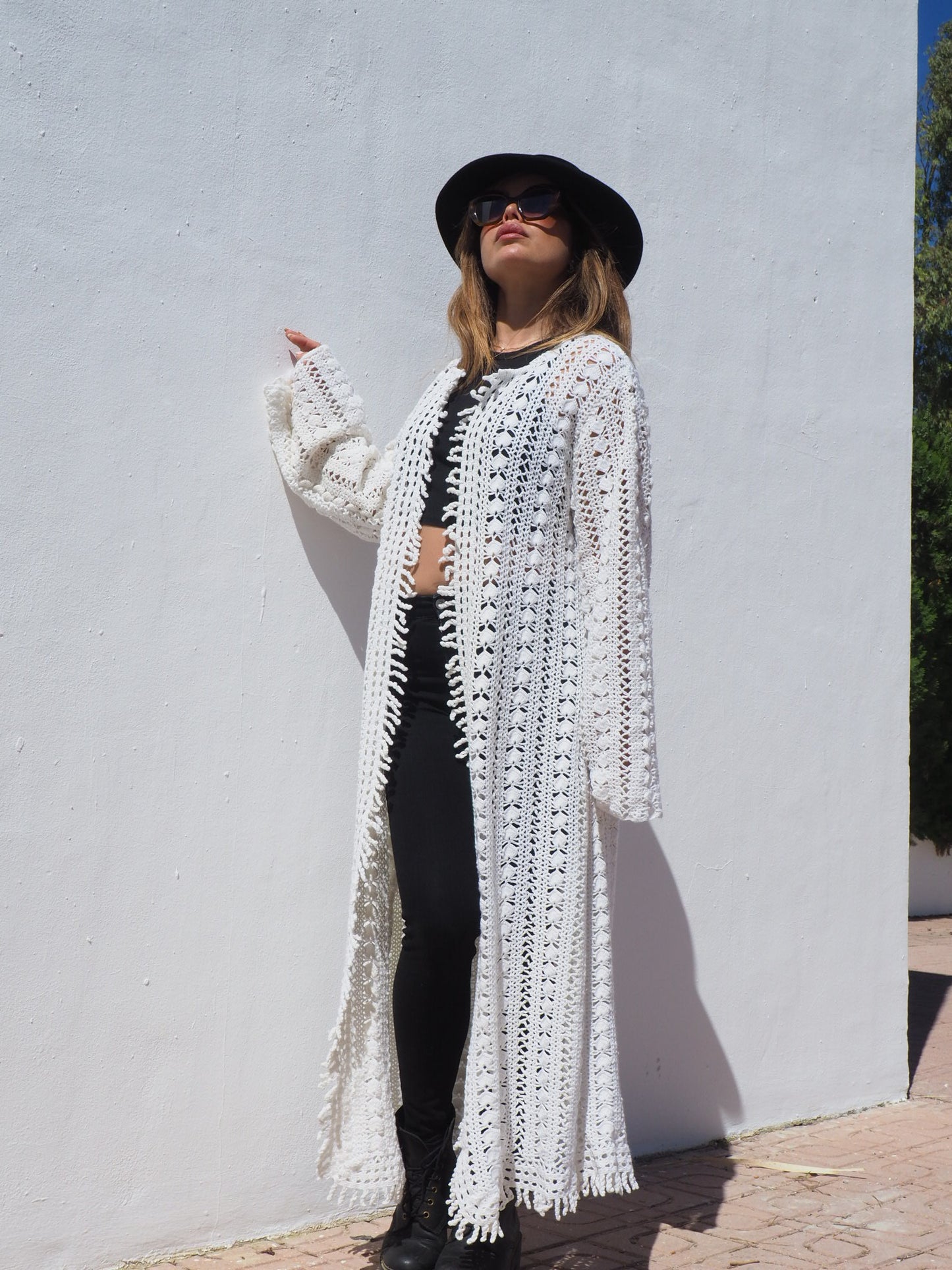 Vintage handmade white crochet textiles jacket up-cycled by Vagabond Ibiza
