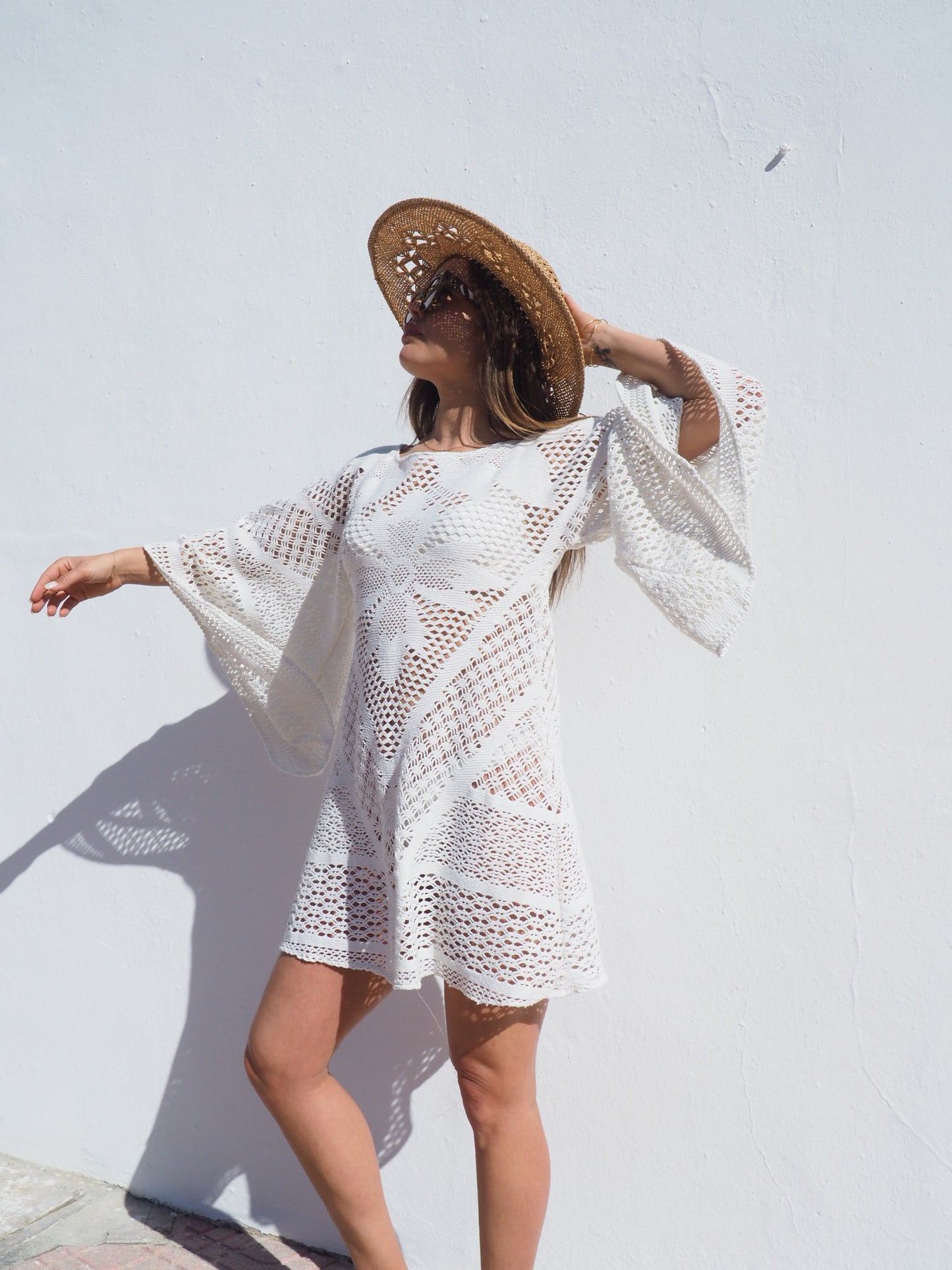 Vintage 1970’s white crochet dress up-cycled by Vagabond Ibiza with big bell sleeves