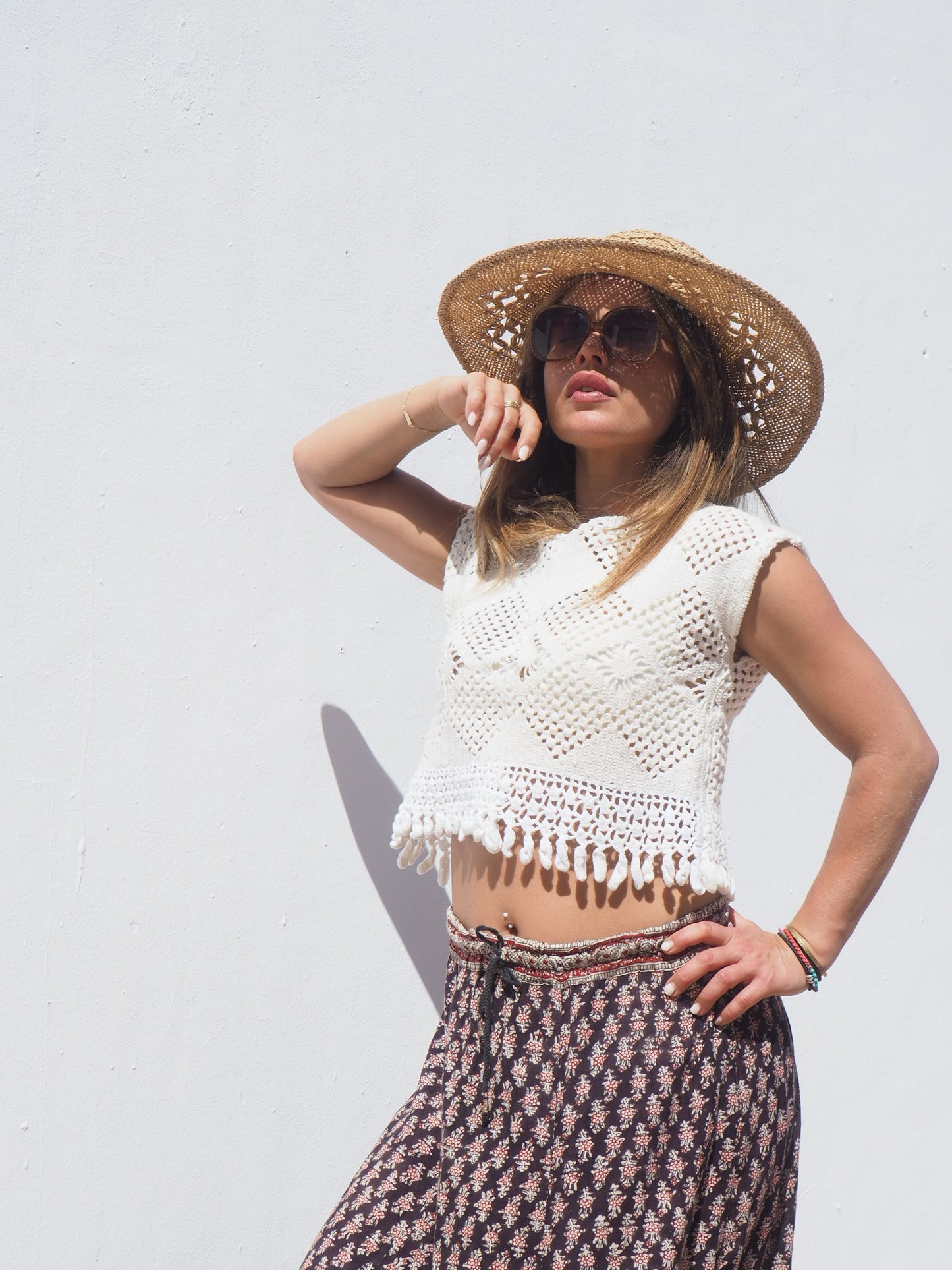 Super cute ivory and white vintage crochet top up-cycled by Vagabond Ibiza with cute tassel trim.