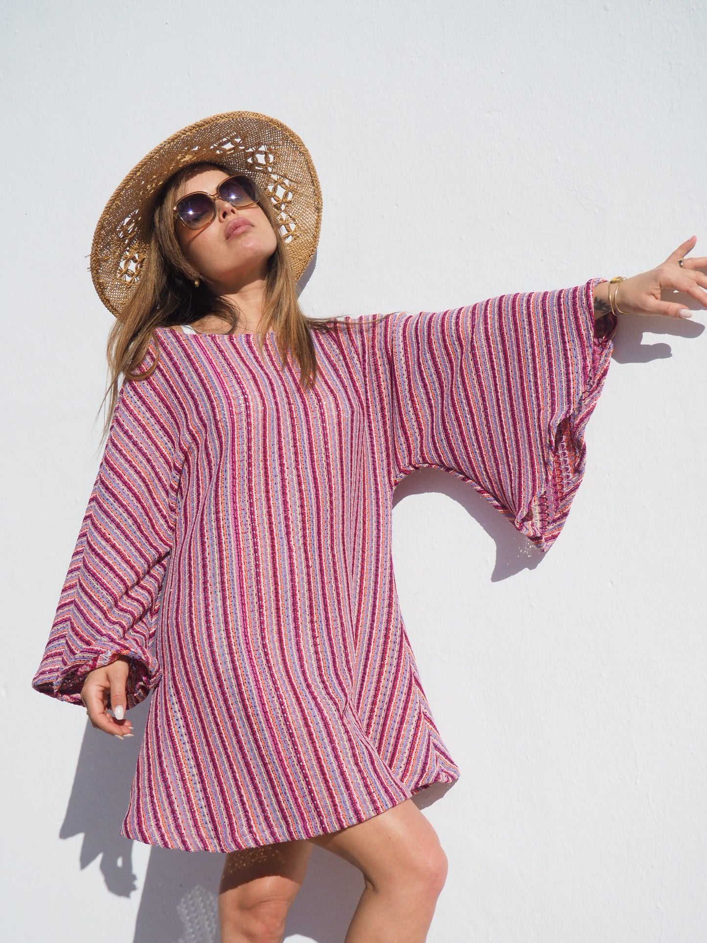 Retro dead stock fabric up-cycled pink striped bell sleeve dress made by Vagabond Ibiza