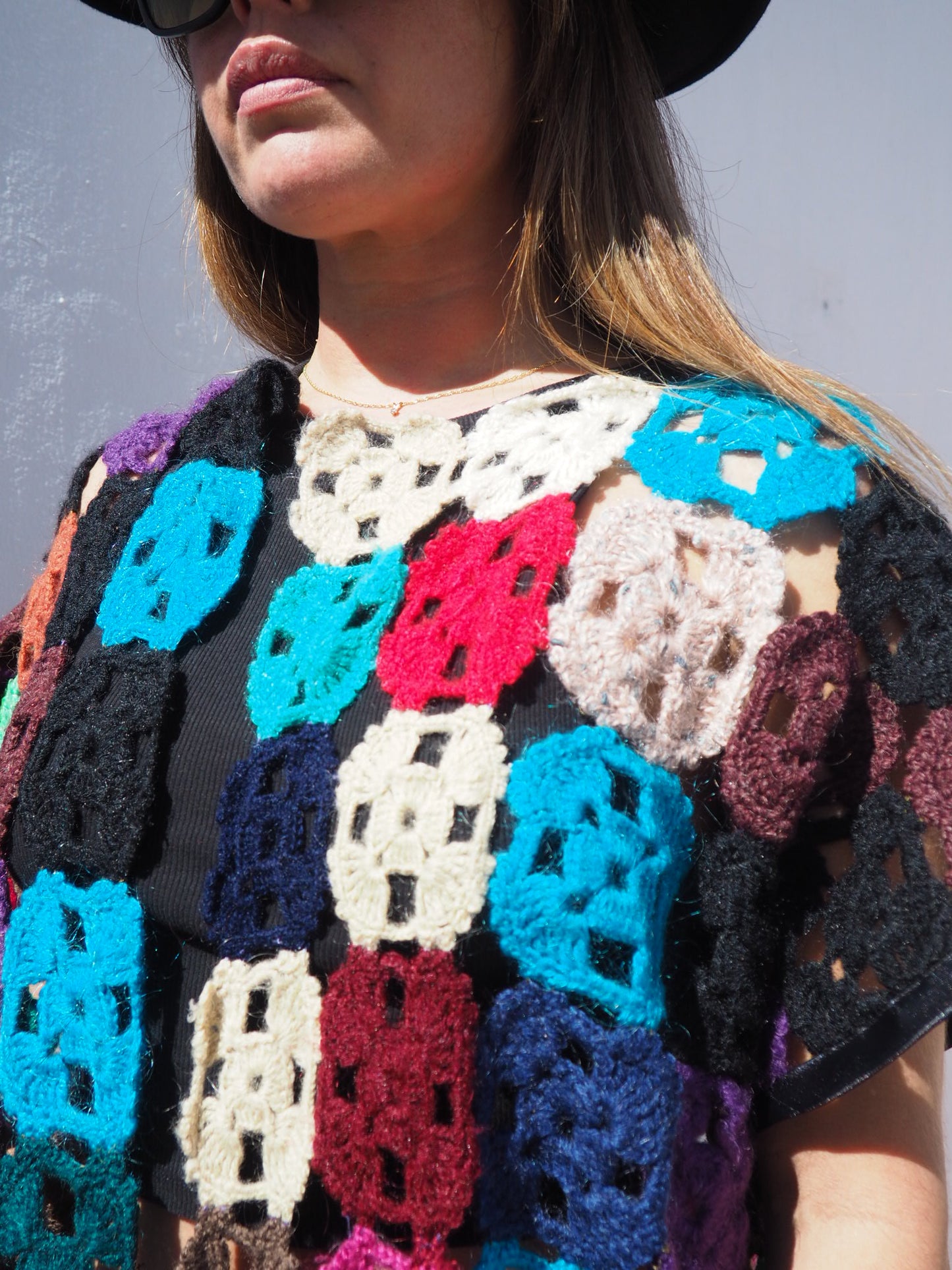 Vintage 1970’s handmade colourful crochet jacket up-cycled by Vagabond Ibiza