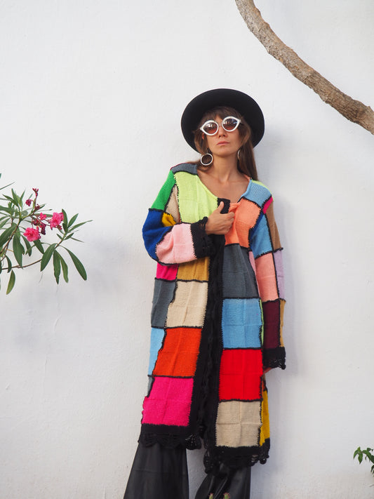 colourful waistcoat, Vintage Crochet Jacket, up cycled jacket , handmade jacket, striped jacket , vintage jacket, 1970s jacket , long waistcoat, slow fashion , sustainable fashion, vintage shop, ibiza vintage shop, ibiza style, bohemian jacket, boho jacket, colourful jacket, festival jacket, hippie style, 70s clothing, original vintage, recycled fashion brand, sustainable fashion brand, slow fashion brand, rainbow fashion, knitted jacket, woven jacket, winter jacket,  granny crochet, granny squares