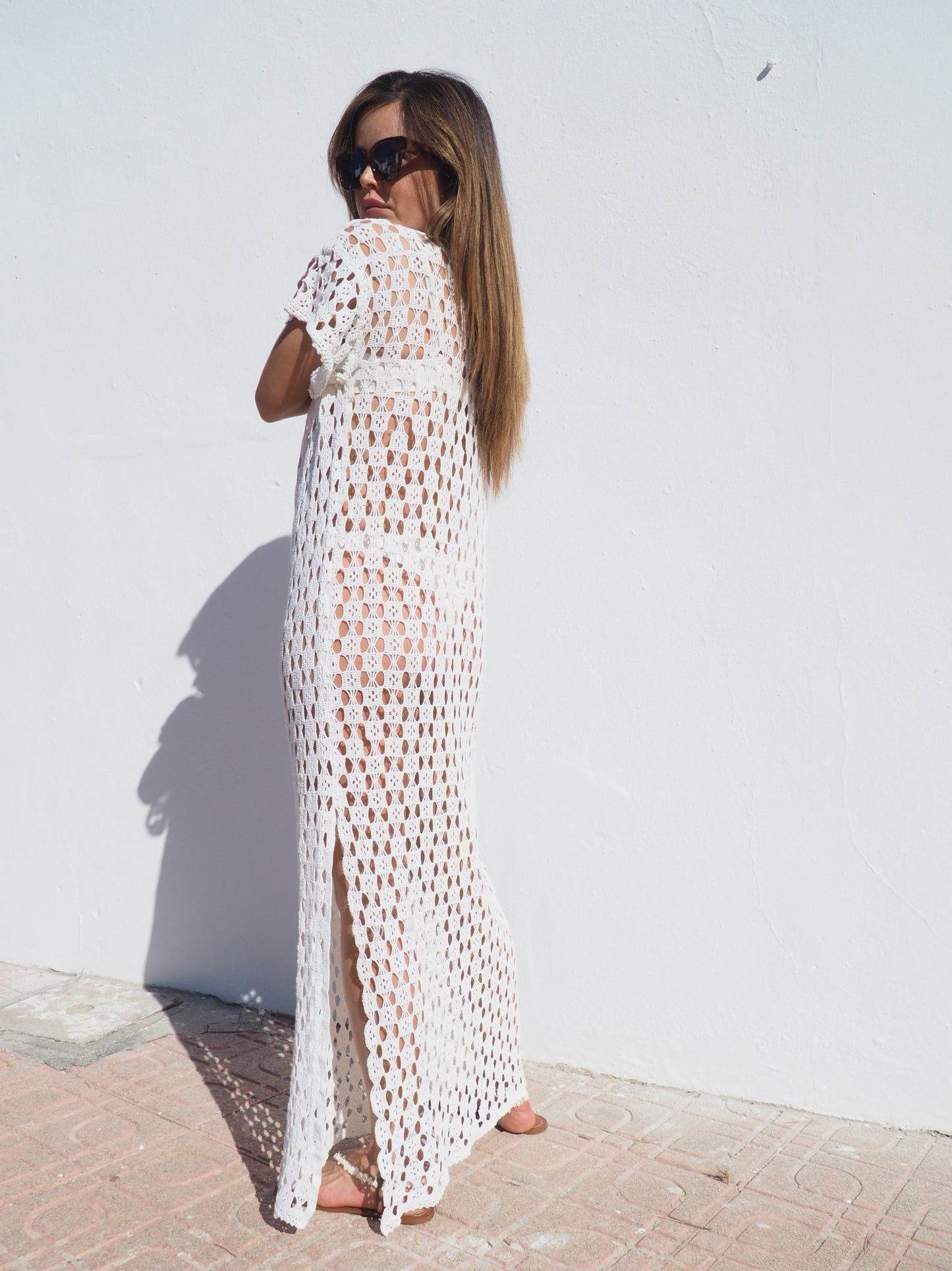 Very cool vintage crochet long cotton beach dress handmade cotton crochet up-cycled by Vagabond Ibiza