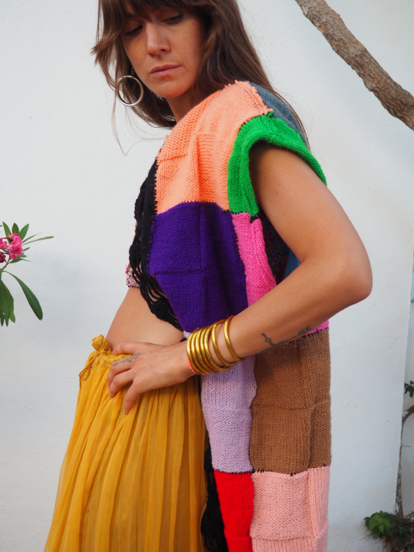 colourful waistcoat, Vintage Crochet Jacket, up cycled jacket , handmade jacket, striped jacket , vintage jacket, 1970s jacket , long waistcoat, slow fashion , sustainable fashion, vintage shop, ibiza vintage shop, ibiza style, bohemian jacket, boho jacket, colourful jacket, festival jacket, hippie style, 70s clothing, original vintage, recycled fashion brand, sustainable fashion brand, slow fashion brand, rainbow fashion, knitted jacket, woven jacket, winter jacket