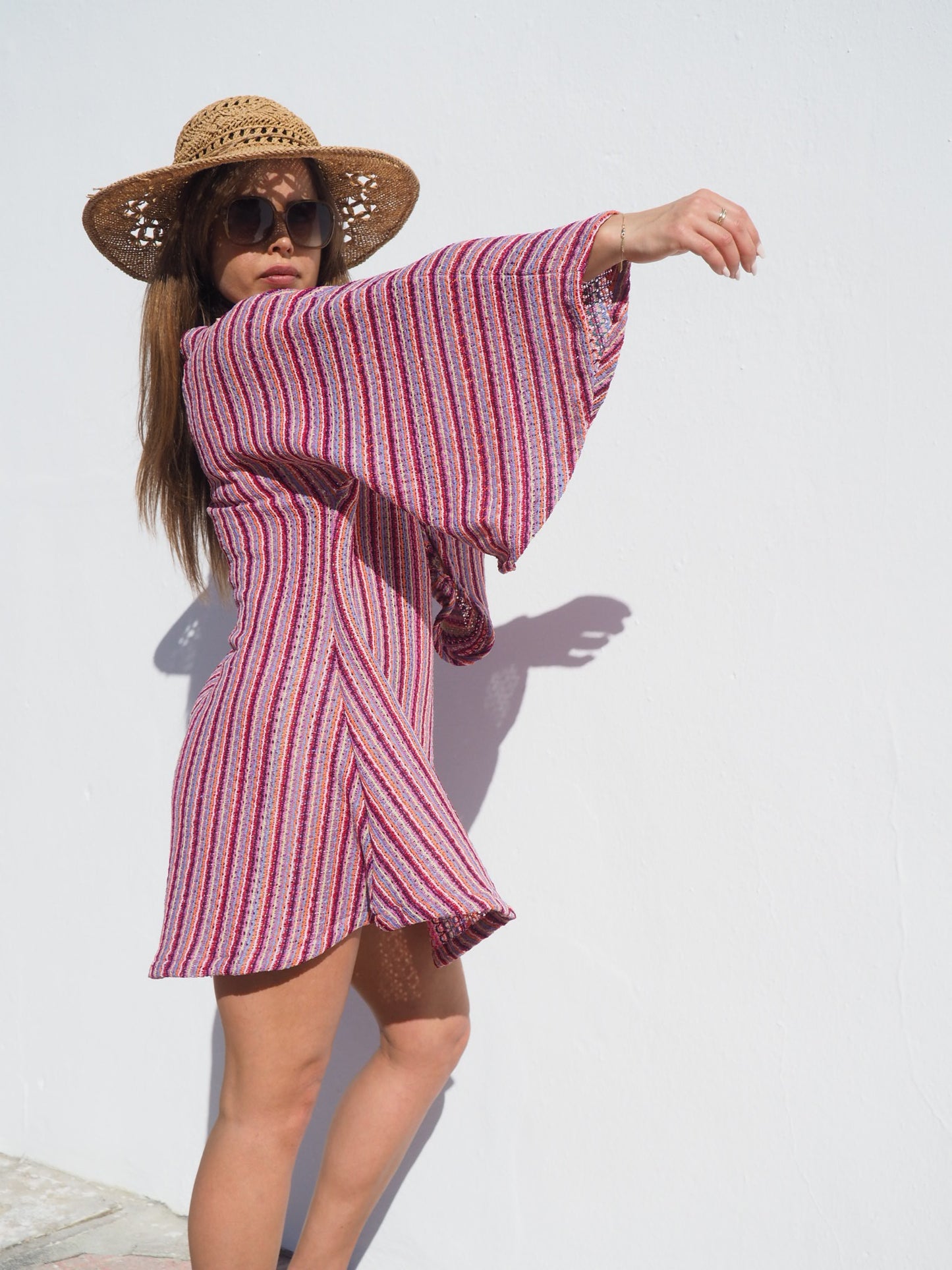 Retro dead stock fabric up-cycled pink striped bell sleeve dress made by Vagabond Ibiza