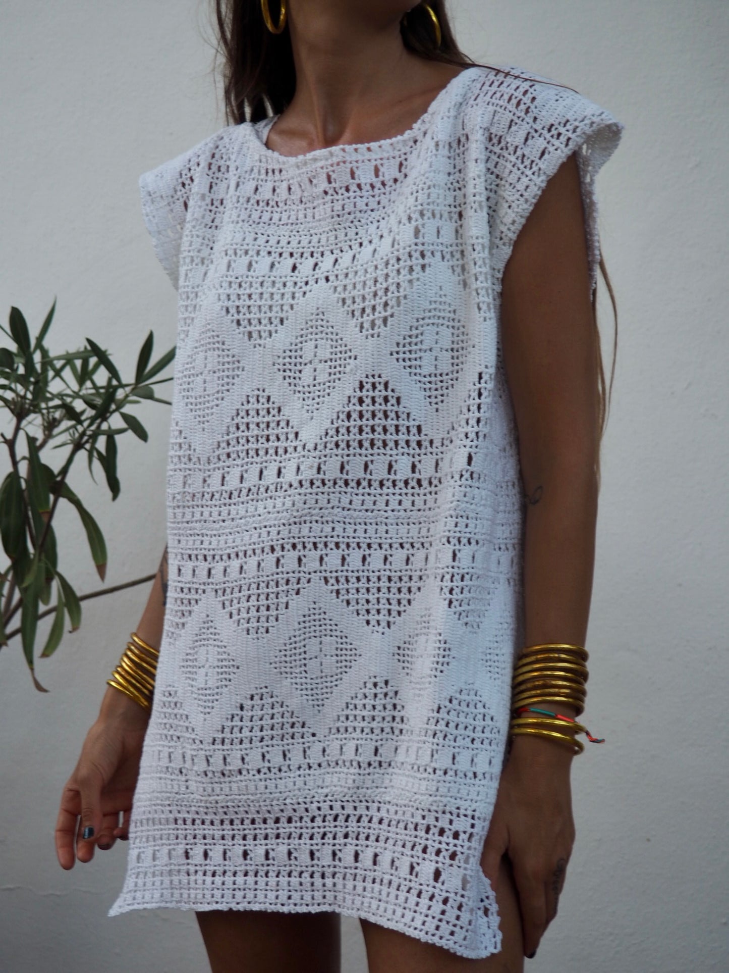 Amazing one off a kind white vintage crochet shirt dress up-cycled by Vagabond Ibiza
