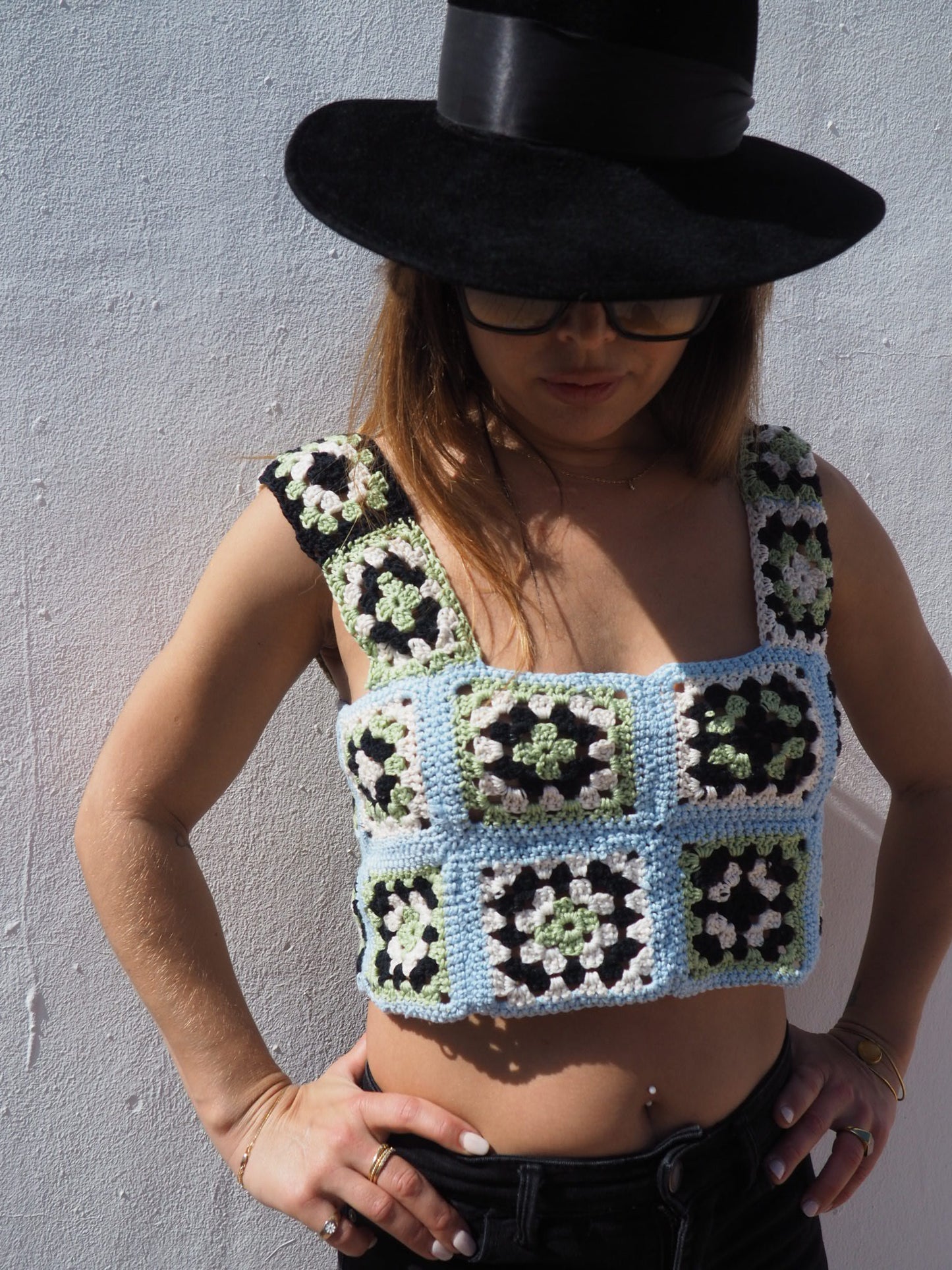 Handmade crochet cotton blue and green top made by Vagabond Ibiza