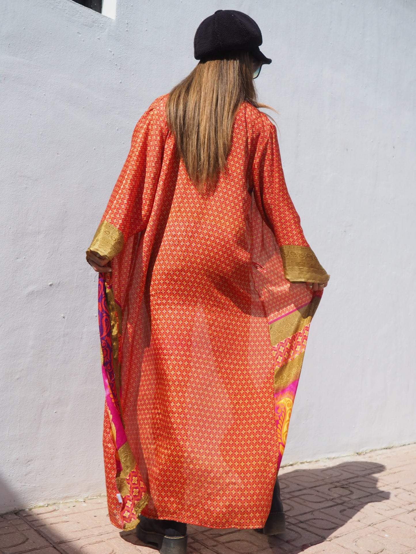 Up-cycled sari kimono in orange and gold print by Vagabond Ibiza