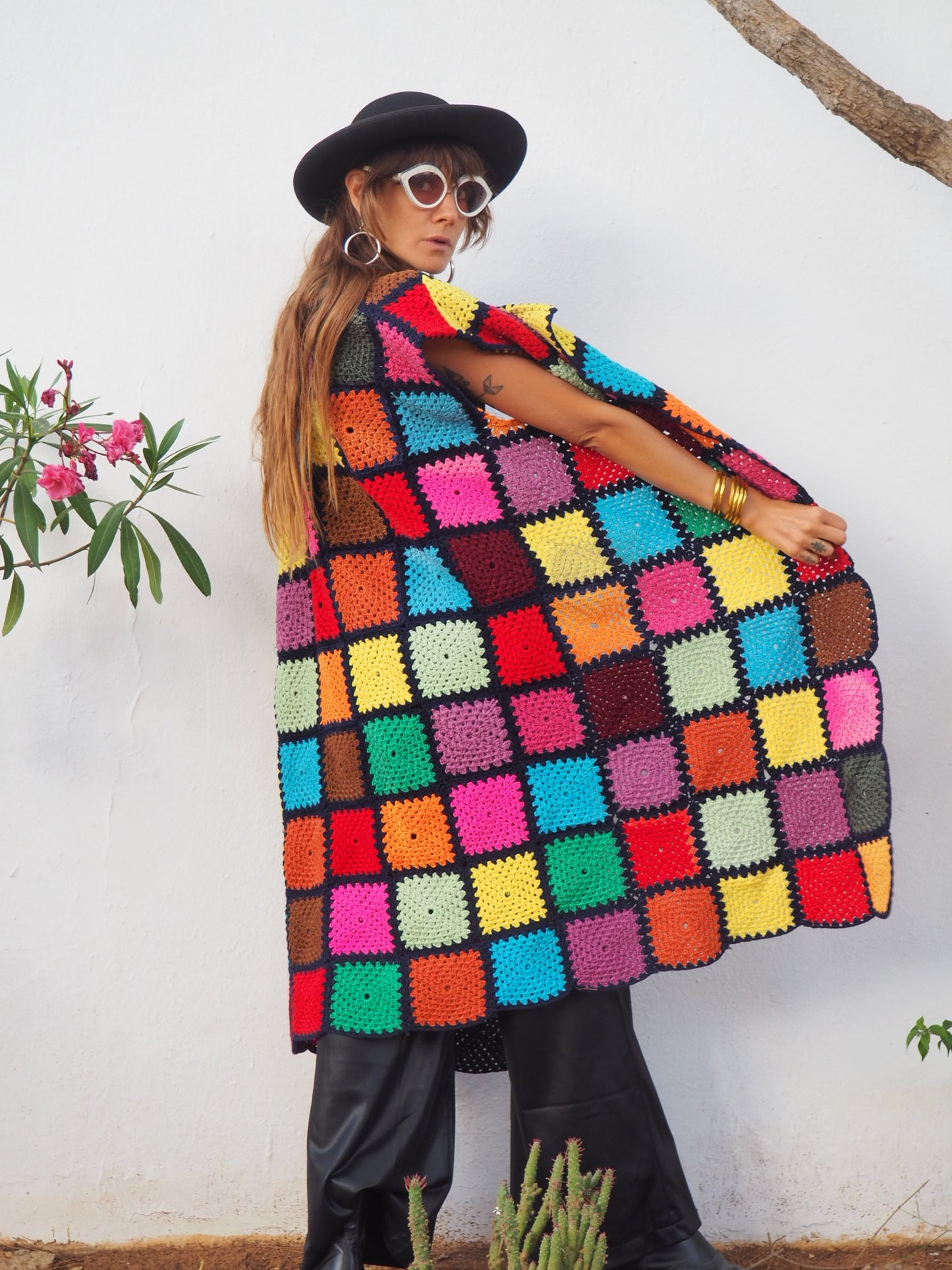 colourful waistcoat, Vintage Crochet Jacket, up cycled jacket , handmade jacket, striped jacket , vintage jacket, 1970s jacket , long waistcoat, slow fashion , sustainable fashion, vintage shop, ibiza vintage shop, ibiza style, bohemian jacket, boho jacket, colourful jacket, festival jacket, hippie style, 70s clothing, original vintage, recycled fashion brand, sustainable fashion brand, slow fashion brand, rainbow fashion, knitted jacket, woven jacket, winter jacket, crochet jumper, vintage fashion, 