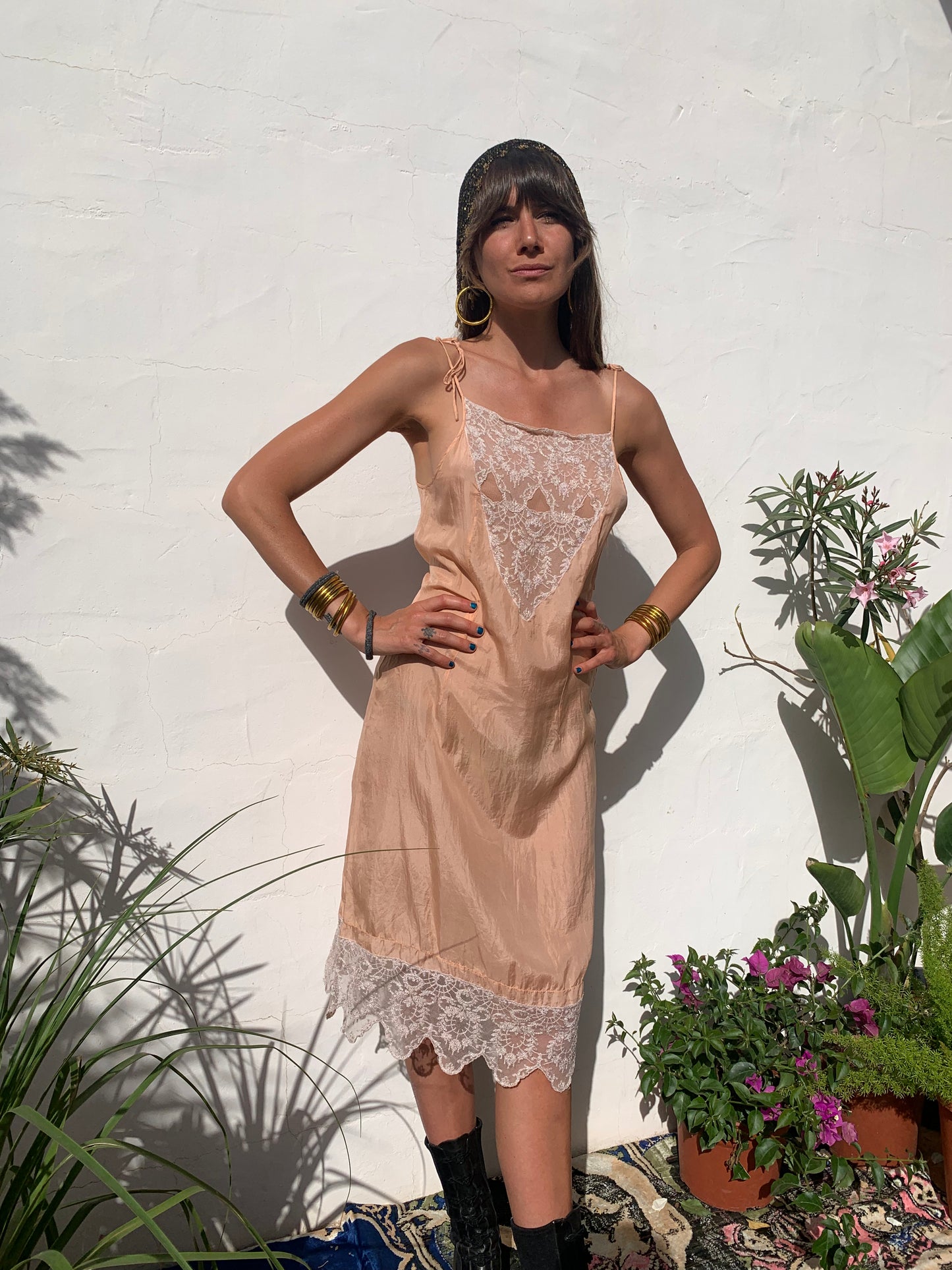 Vintage pink silk and lace slip dress