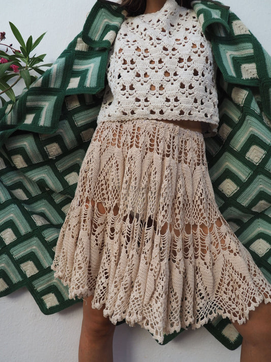 Vintage beige crochet lace skirt up-cycled by Vagabond Ibiza