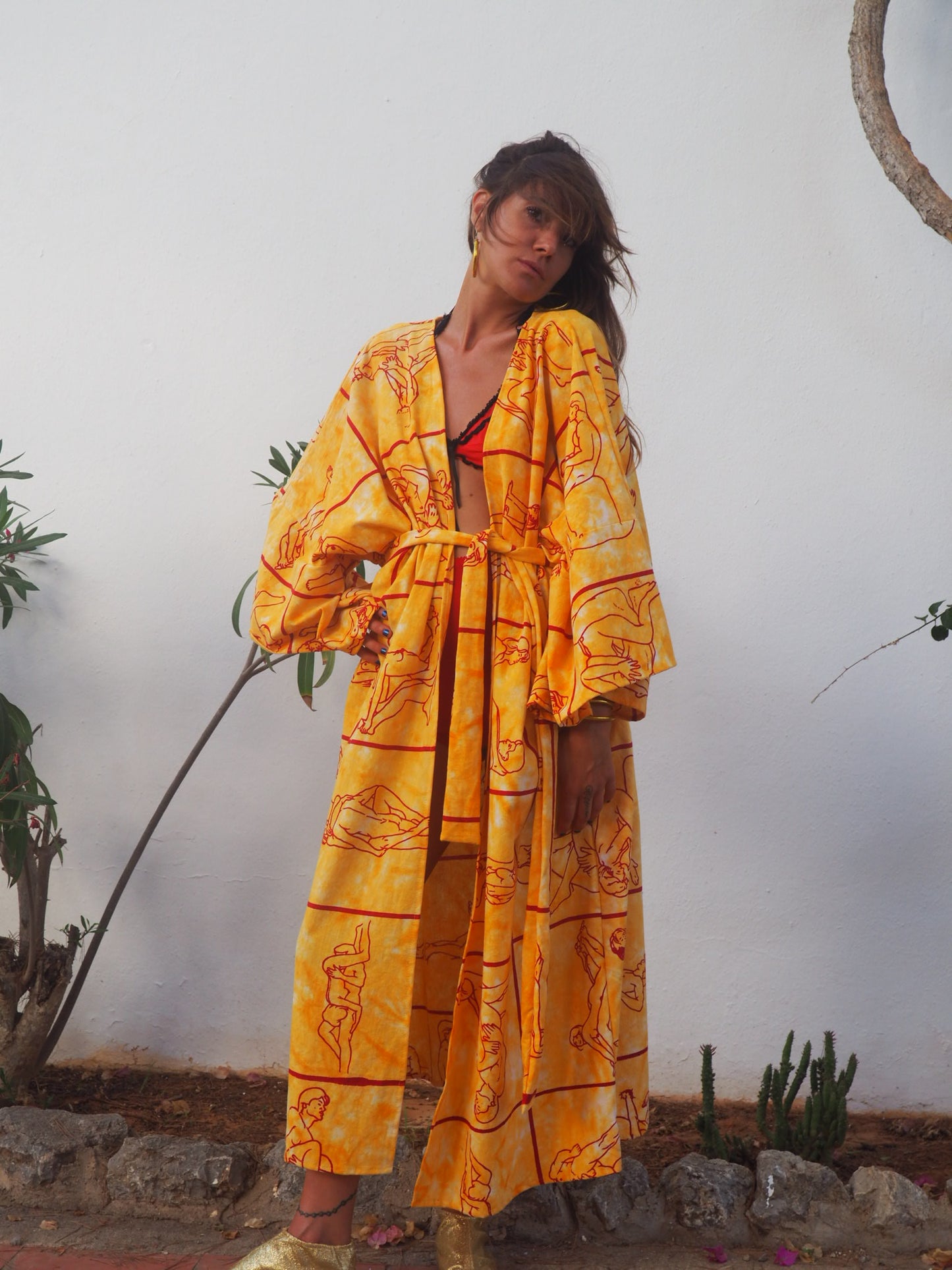 Up-cycled dressing gown with tantric sex position print by Vagabond Ibiza