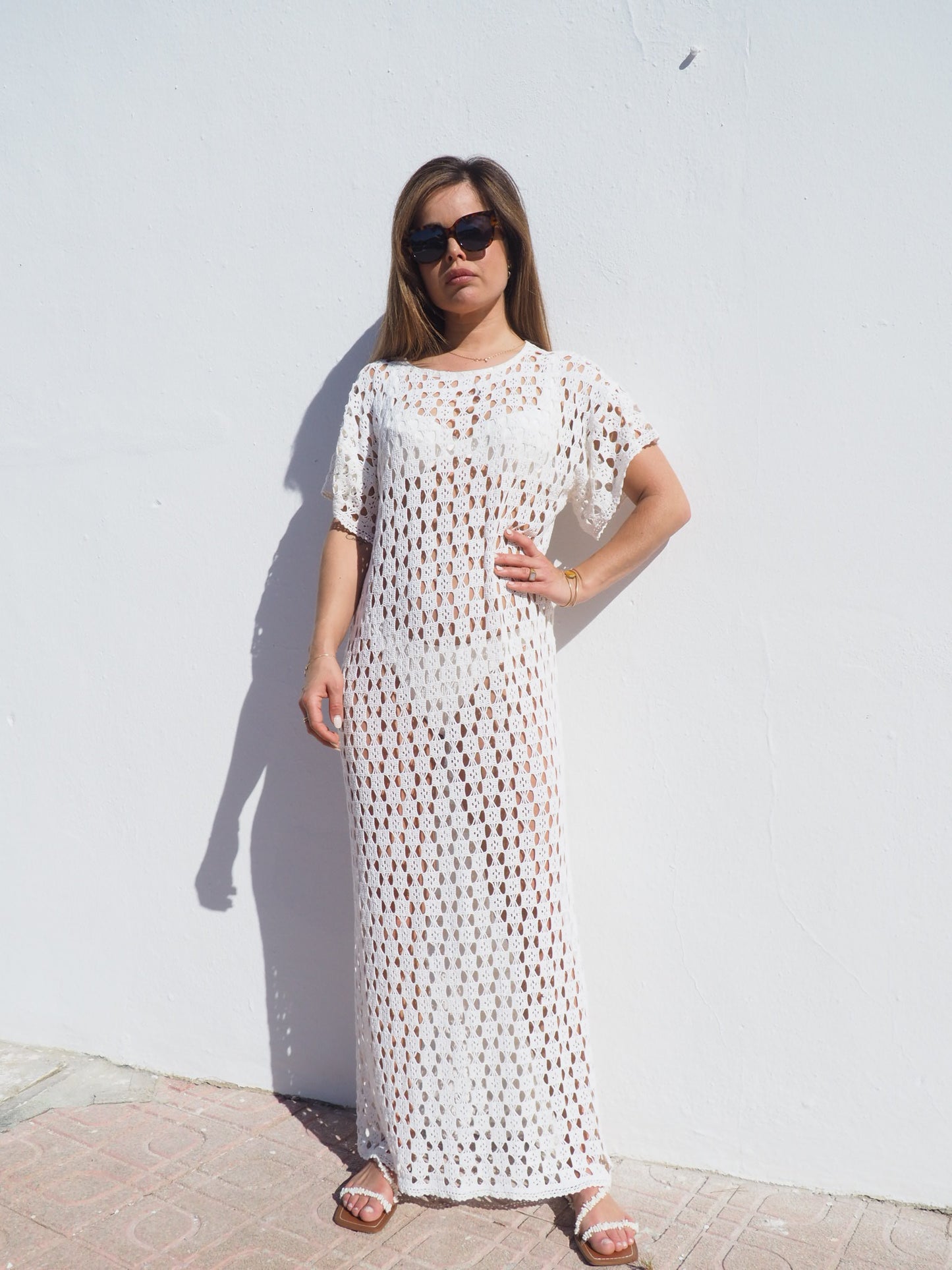 Very cool vintage crochet long cotton beach dress handmade cotton crochet up-cycled by Vagabond Ibiza