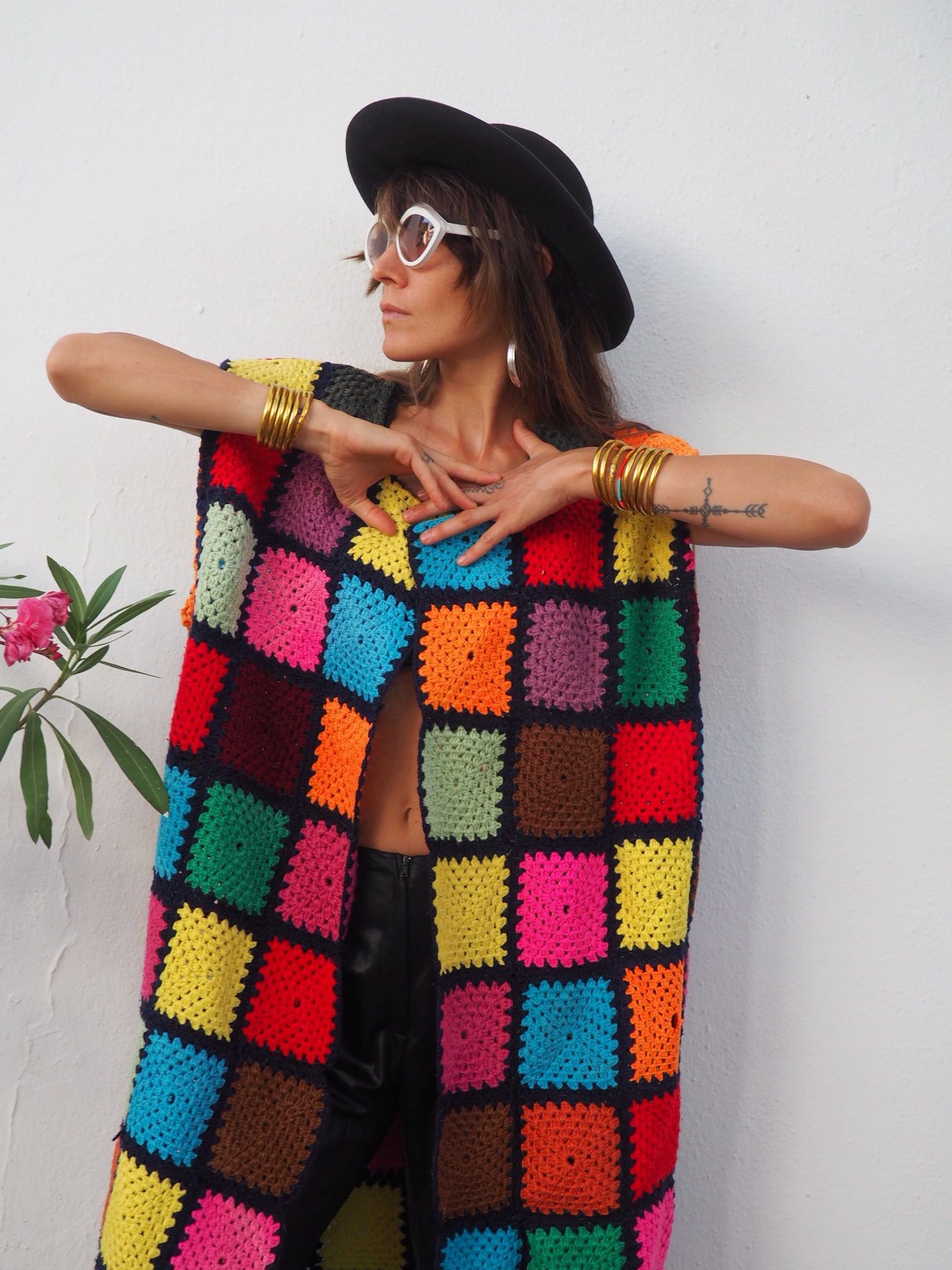 colourful waistcoat, Vintage Crochet Jacket, up cycled jacket , handmade jacket, striped jacket , vintage jacket, 1970s jacket , long waistcoat, slow fashion , sustainable fashion, vintage shop, ibiza vintage shop, ibiza style, bohemian jacket, boho jacket, colourful jacket, festival jacket, hippie style, 70s clothing, original vintage, recycled fashion brand, sustainable fashion brand, slow fashion brand, rainbow fashion, knitted jacket, woven jacket, winter jacket, crochet jumper, vintage fashion, 