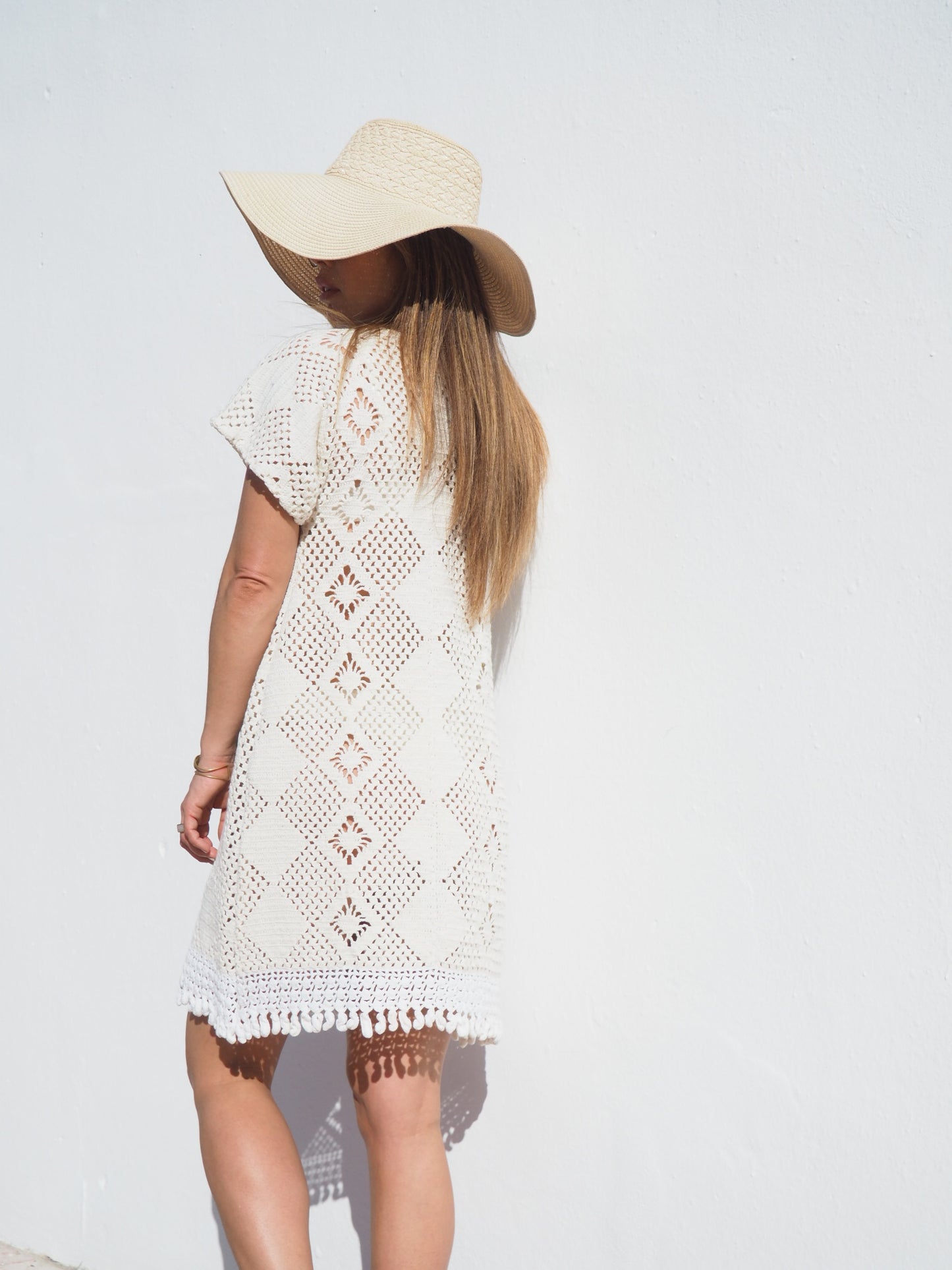 Vintage crochet cotton beach dress handmade cotton crochet up-cycled by Vagabond Ibiza.