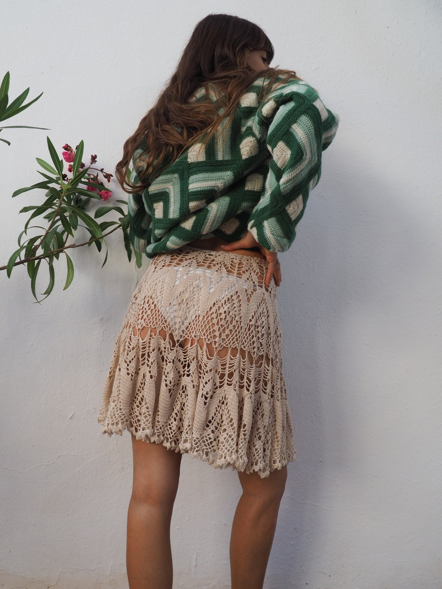 Vintage beige crochet lace skirt up-cycled by Vagabond Ibiza