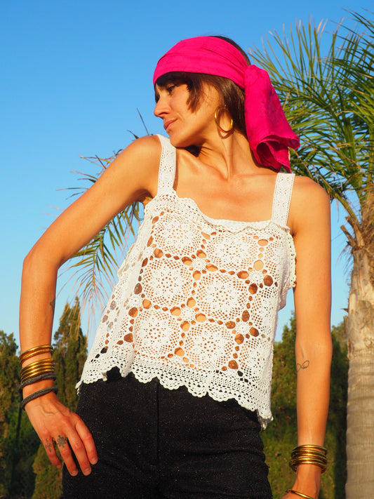 Antique vintage handmade white lace crochet crop top up-cycled by Vagabond Ibiza