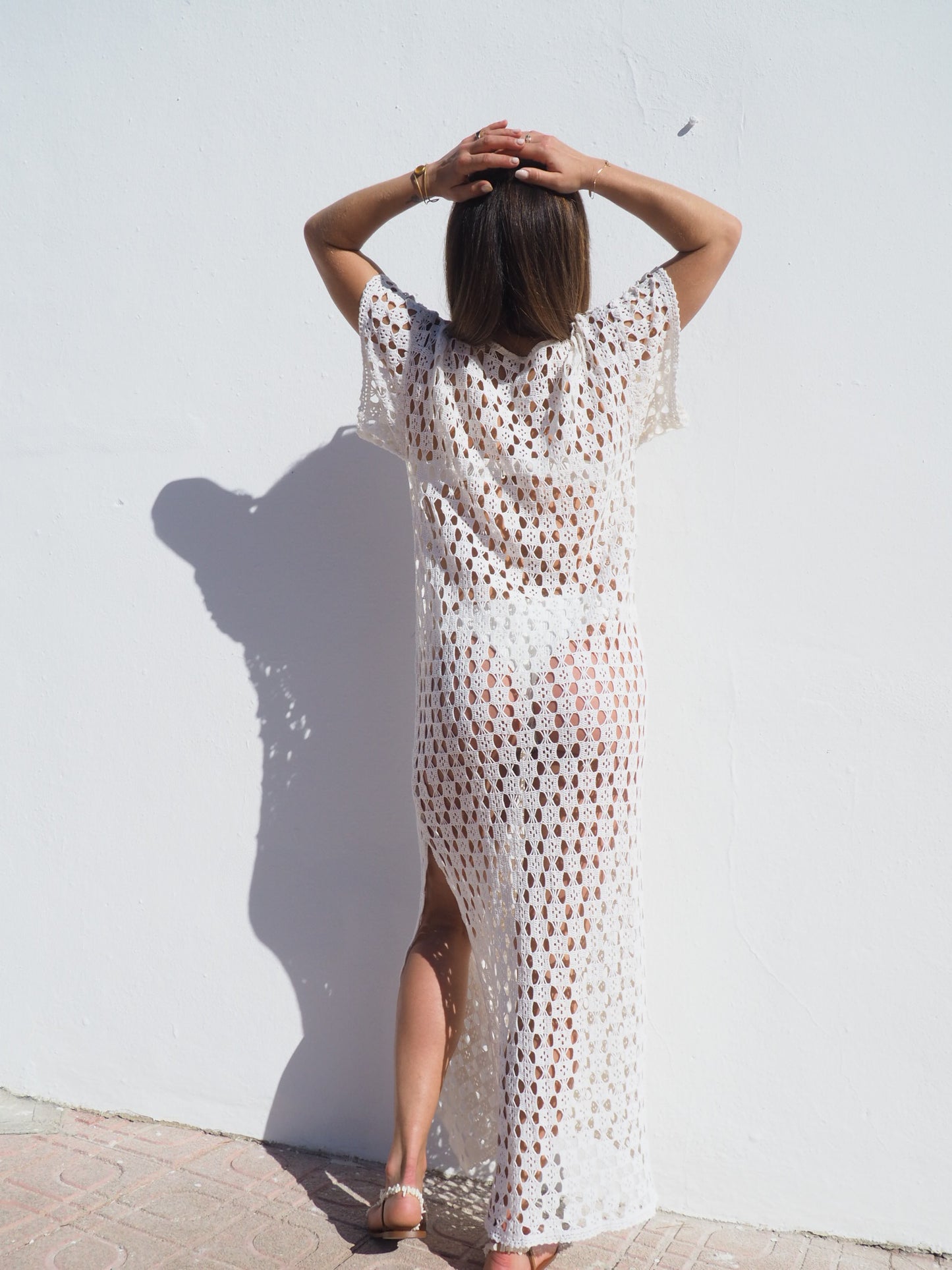 Very cool vintage crochet long cotton beach dress handmade cotton crochet up-cycled by Vagabond Ibiza