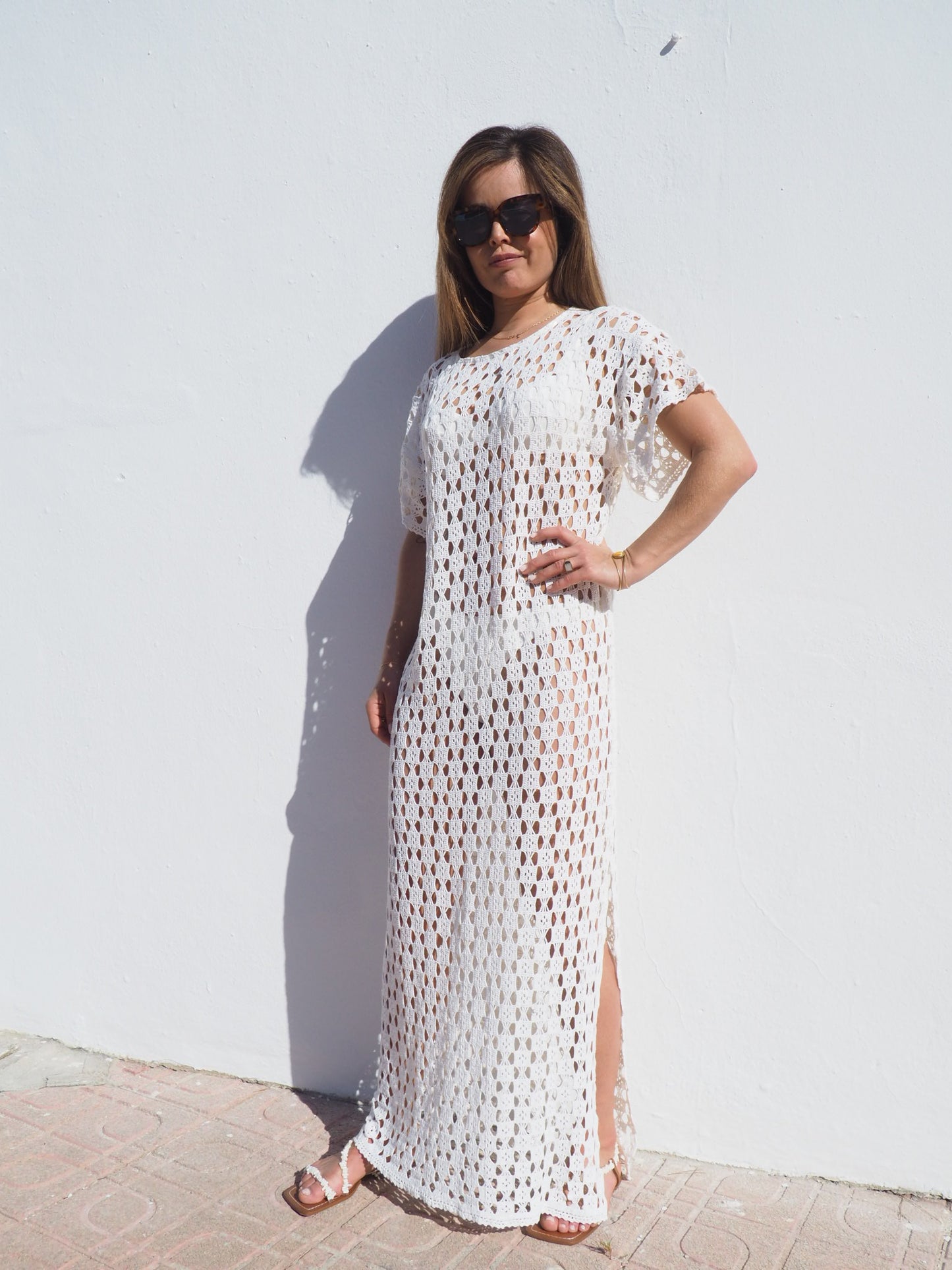 Very cool vintage crochet long cotton beach dress handmade cotton crochet up-cycled by Vagabond Ibiza