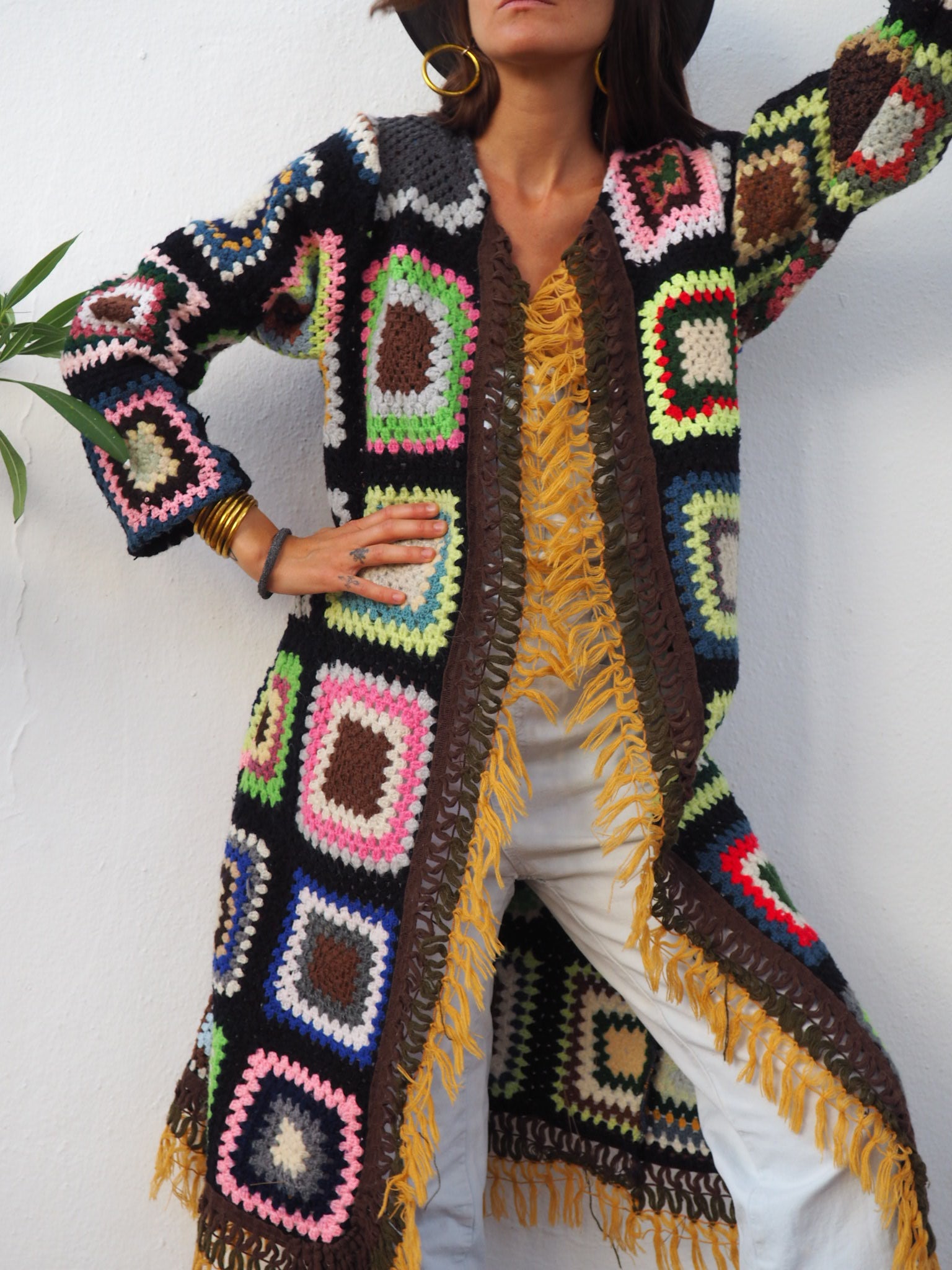 colourful waistcoat, Vintage Crochet Jacket, up cycled jacket , handmade jacket, striped jacket , vintage jacket, 1970s jacket , long waistcoat, slow fashion , sustainable fashion, vintage shop, ibiza vintage shop, ibiza style, bohemian jacket, boho jacket, colourful jacket, festival jacket, hippie style, 70s clothing, original vintage, recycled fashion brand, sustainable fashion brand, slow fashion brand, rainbow fashion, knitted jacket, woven jacket, winter jacket