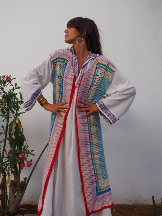 colourful waistcoat, Vintage Crochet Jacket, up cycled jacket , handmade jacket, striped jacket , vintage jacket, 1970s jacket , long waistcoat, slow fashion , sustainable fashion, vintage shop, ibiza vintage shop, ibiza style, bohemian jacket, boho jacket, colourful jacket, festival jacket, hippie style, 70s clothing, original vintage, recycled fashion brand, sustainable fashion brand, slow fashion brand, rainbow fashion, knitted jacket, woven jacket, winter jacket, crochet jumper, vintage fashion, 