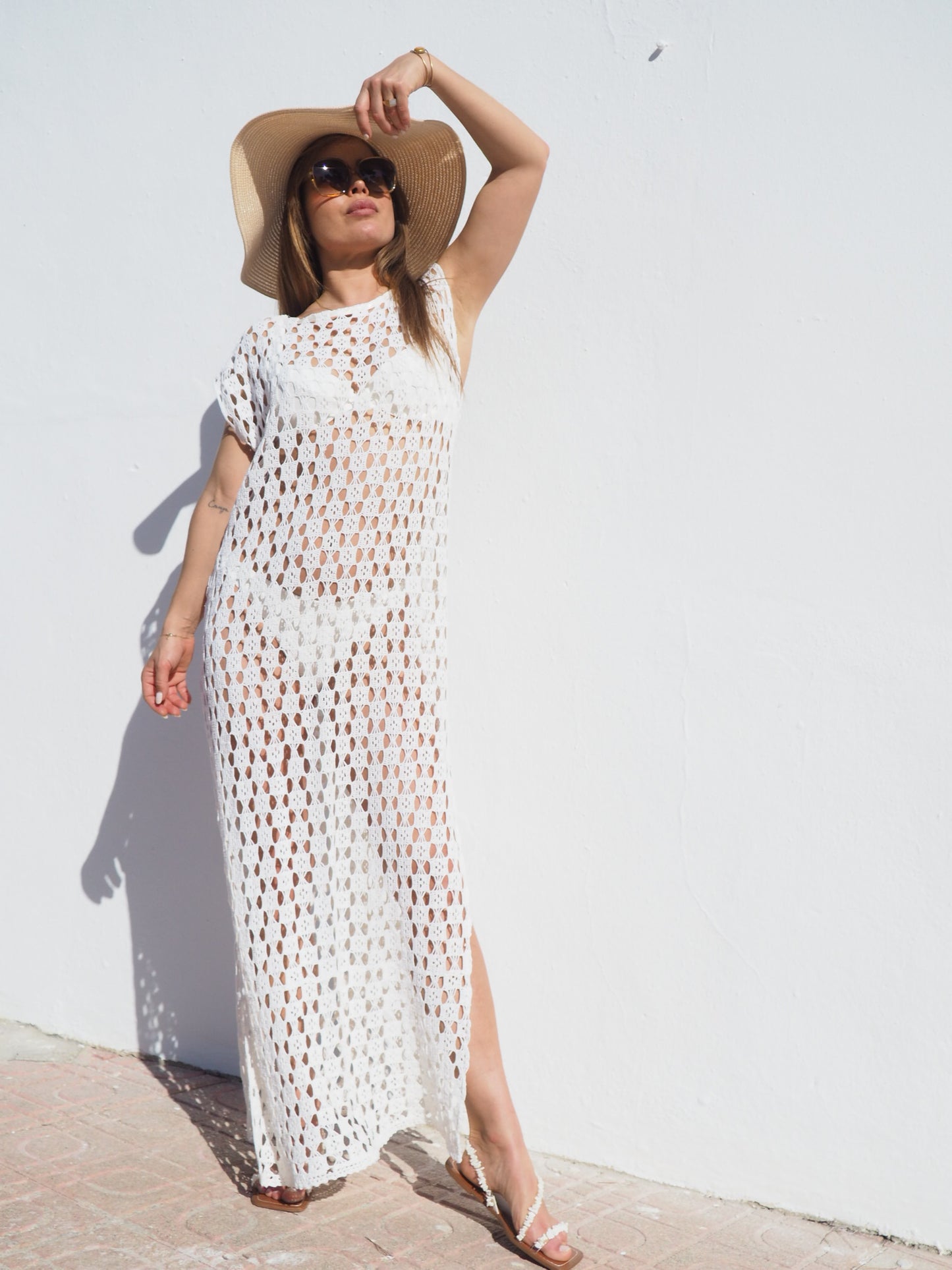 Vintage crochet cotton beach dress handmade cotton crochet up-cycled by Vagabond Ibiza.