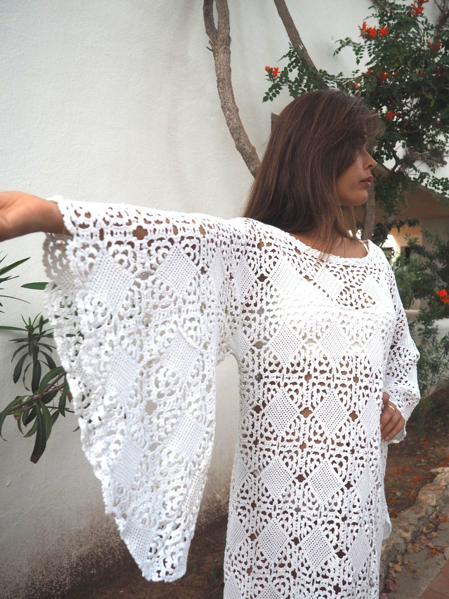 Vintage white 1960’s handmade detailed crochet lace dress up-cycled by Vagabond Ibiza