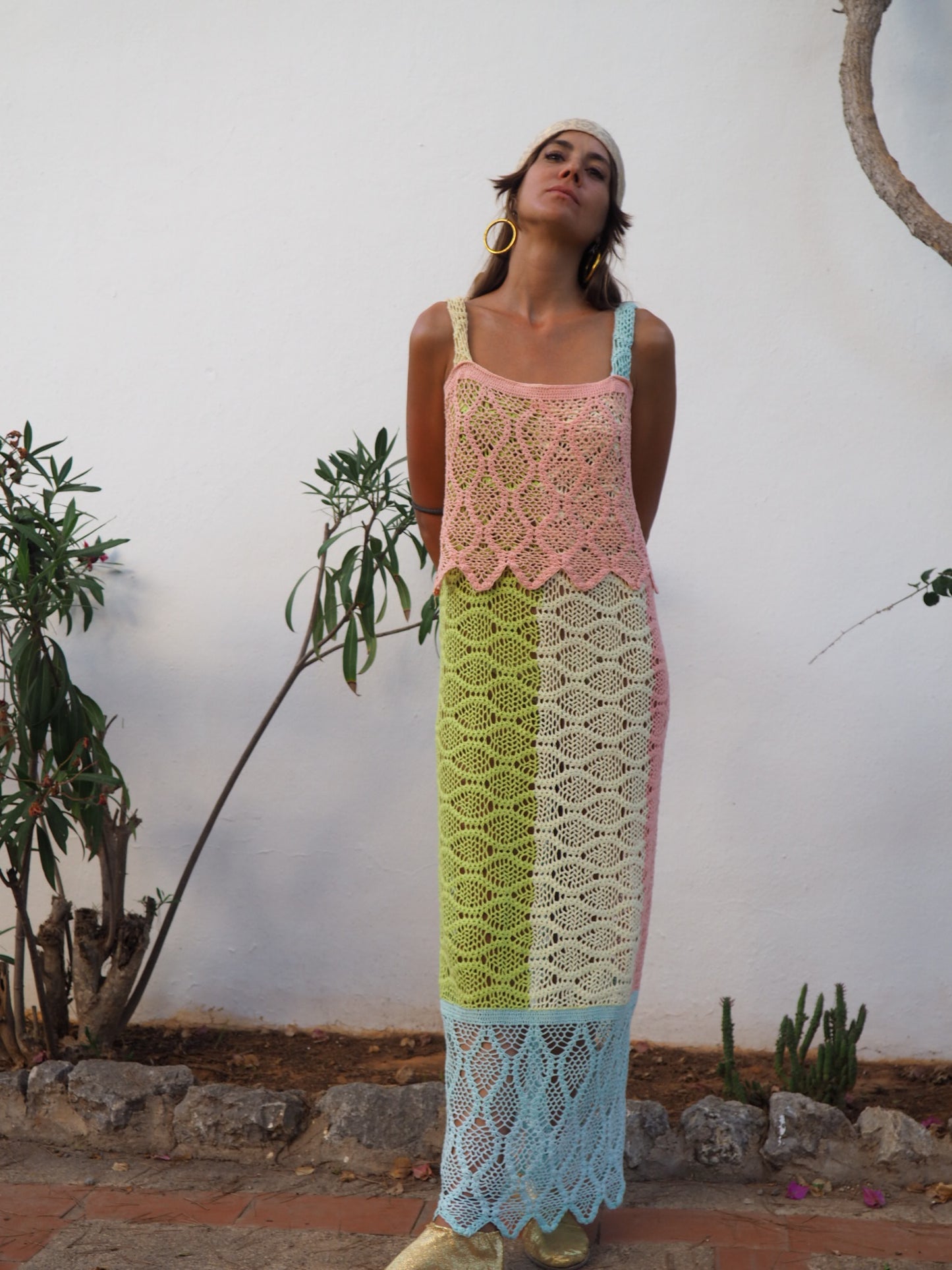 One of a kind up-cycled cotton crochet dress in pastel colours