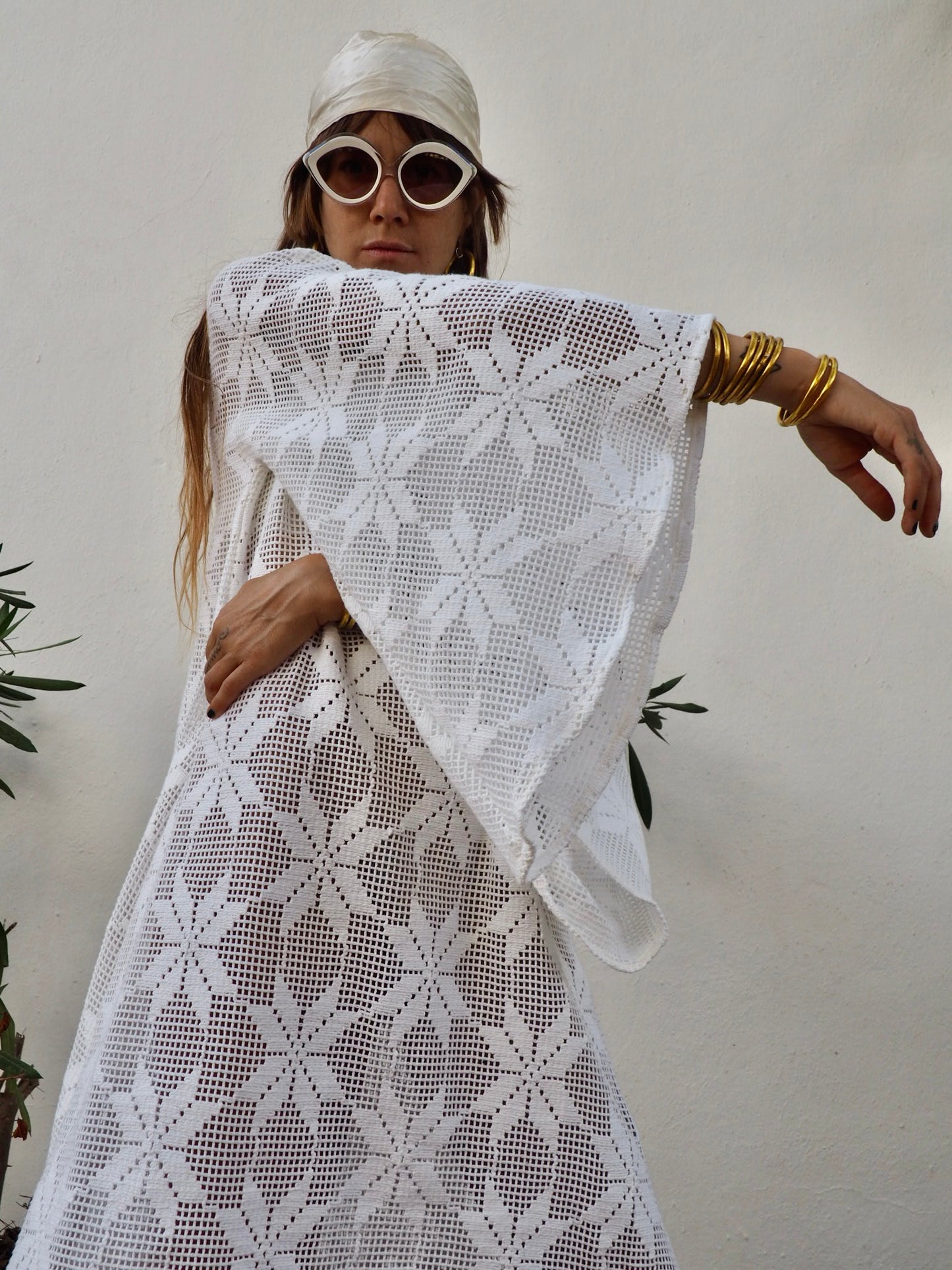 Very cool vintage white crochet oversized bell sleeve dress up-cycled by Vagabond Ibiza