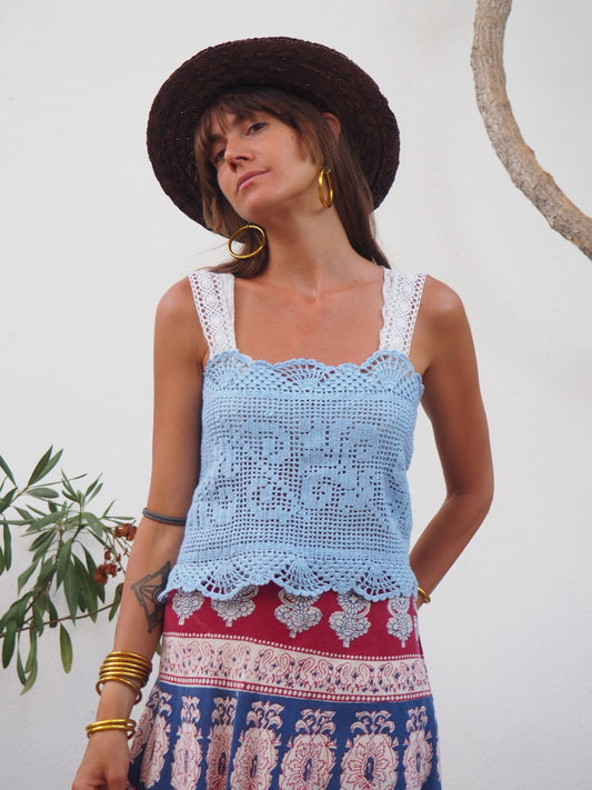 Amazing one off a kind blue vintage crochet lace top up-cycled by Vagabond Ibiza