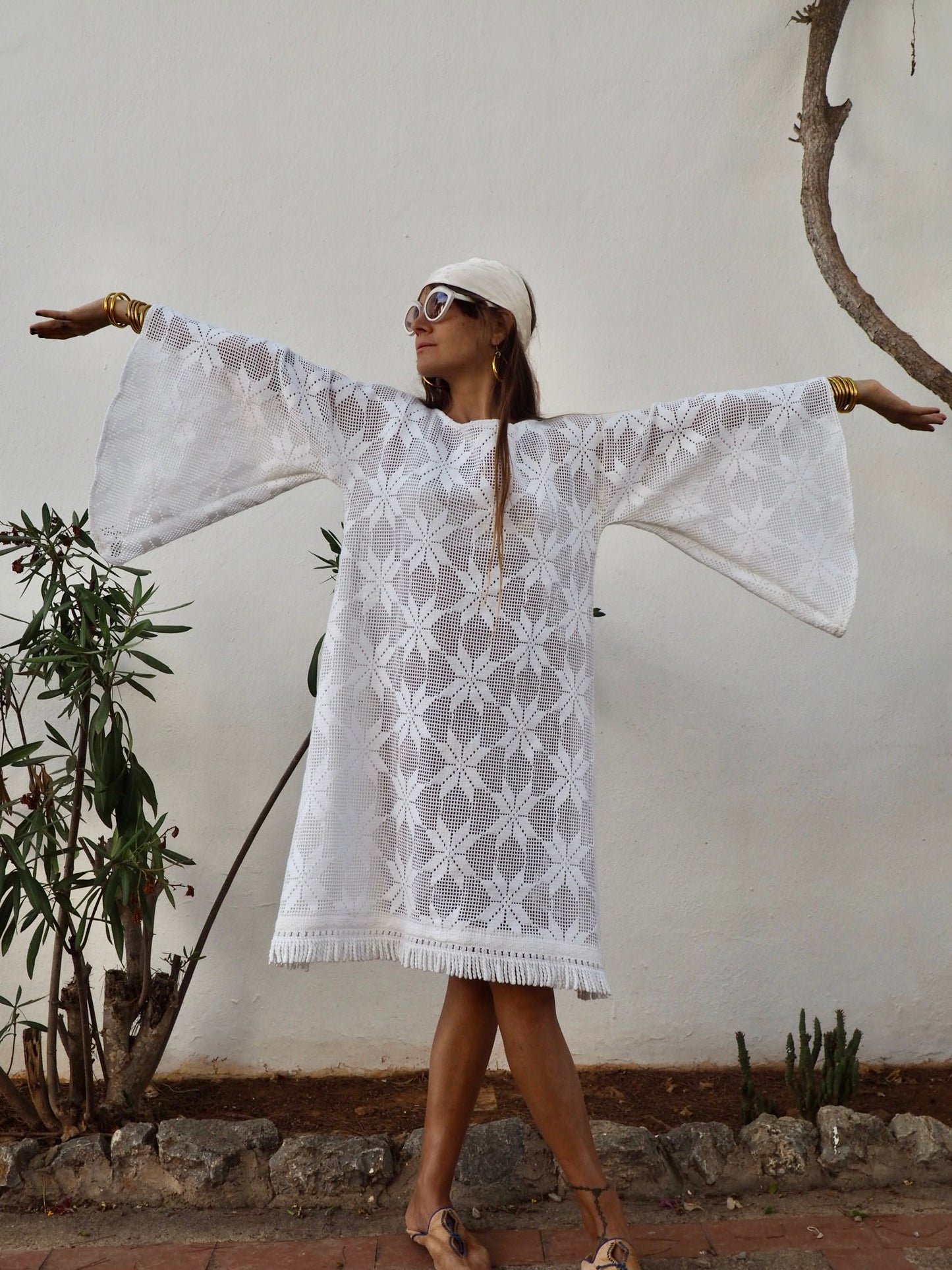 Very cool vintage white crochet oversized bell sleeve dress up-cycled by Vagabond Ibiza