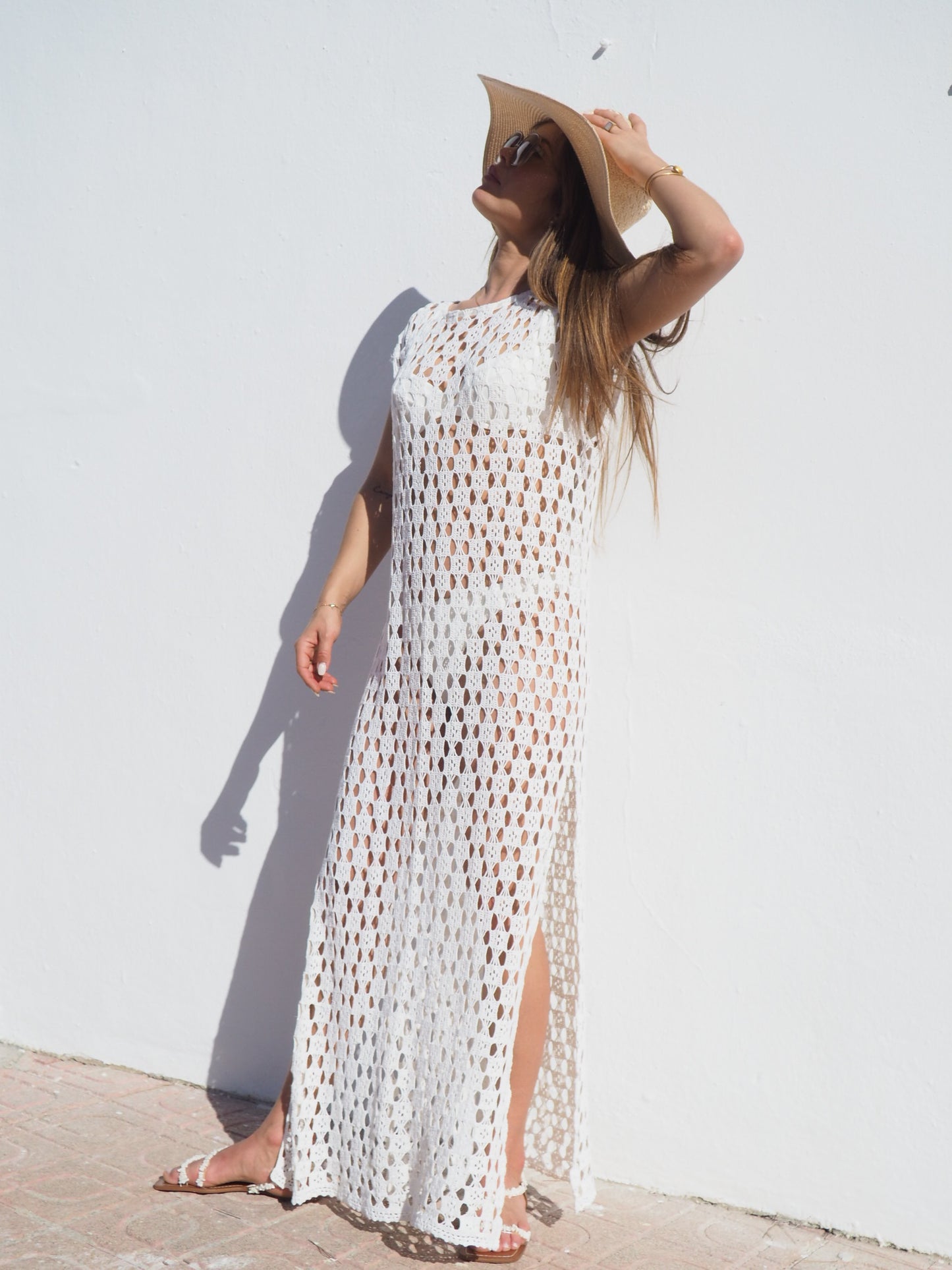 Vintage crochet cotton beach dress handmade cotton crochet up-cycled by Vagabond Ibiza.