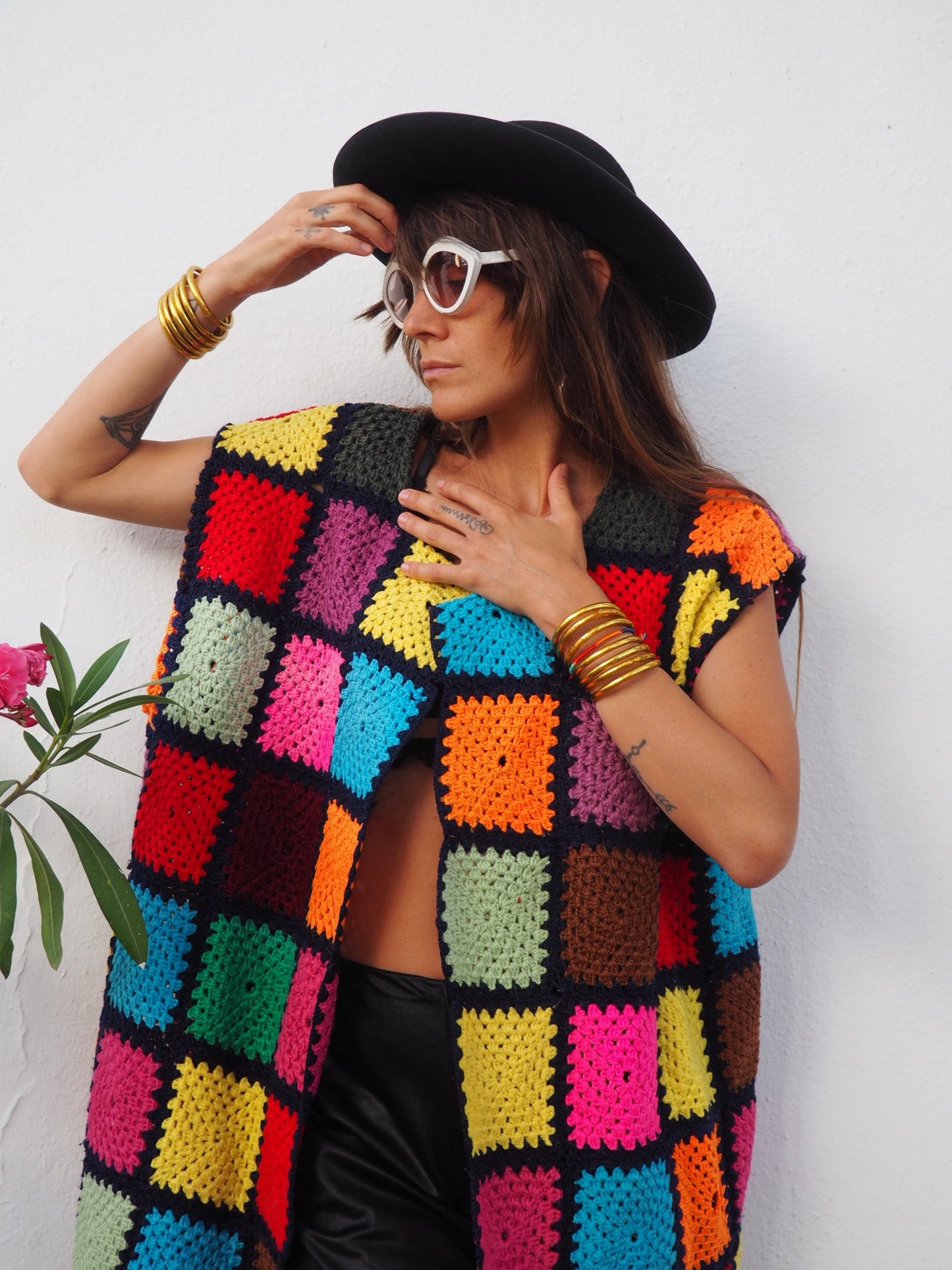 colourful waistcoat, Vintage Crochet Jacket, up cycled jacket , handmade jacket, striped jacket , vintage jacket, 1970s jacket , long waistcoat, slow fashion , sustainable fashion, vintage shop, ibiza vintage shop, ibiza style, bohemian jacket, boho jacket, colourful jacket, festival jacket, hippie style, 70s clothing, original vintage, recycled fashion brand, sustainable fashion brand, slow fashion brand, rainbow fashion, knitted jacket, woven jacket, winter jacket, crochet jumper, vintage fashion, 