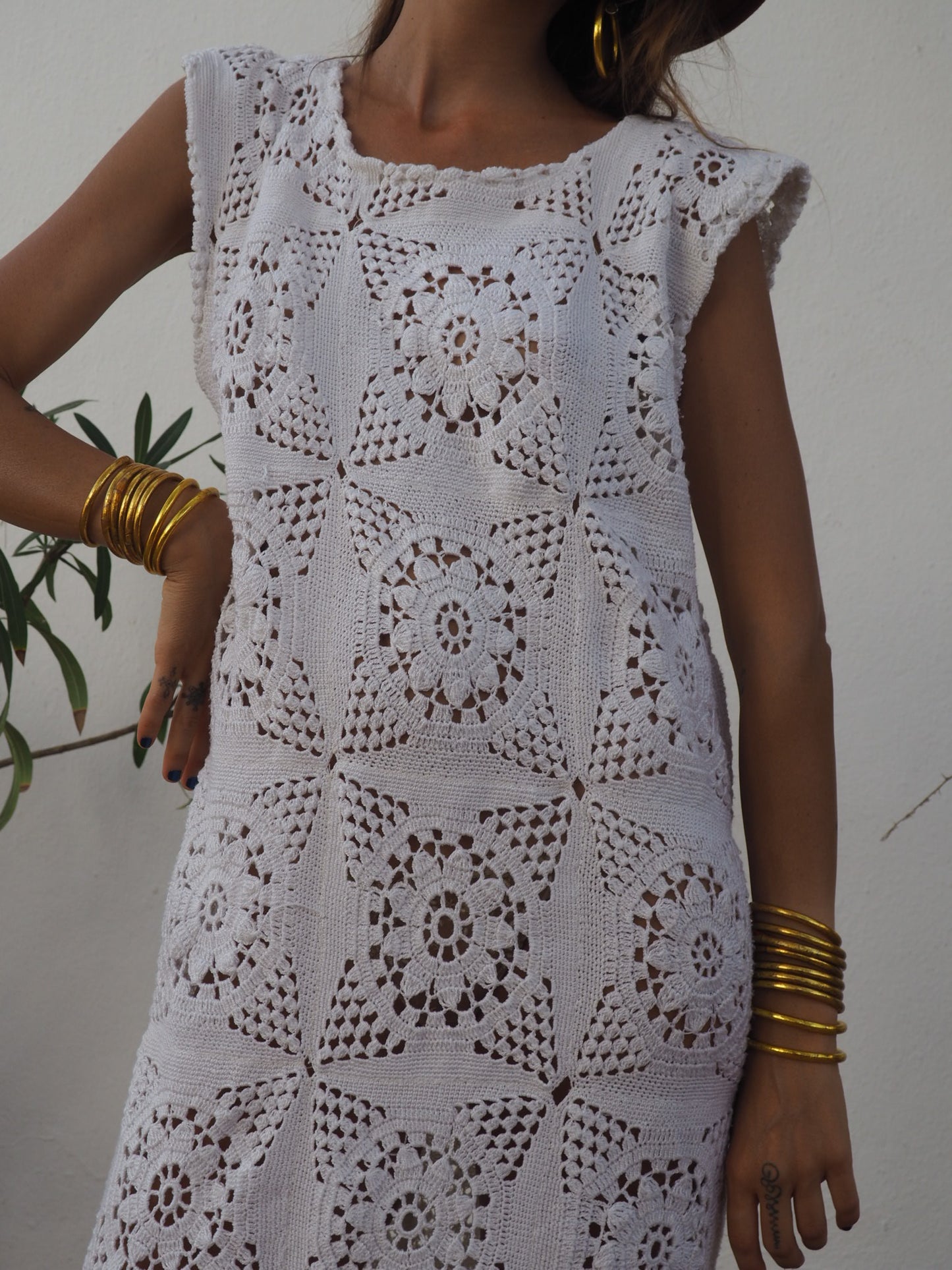 Super cute up-cycled long white crochet dress with lots of detailed hand work