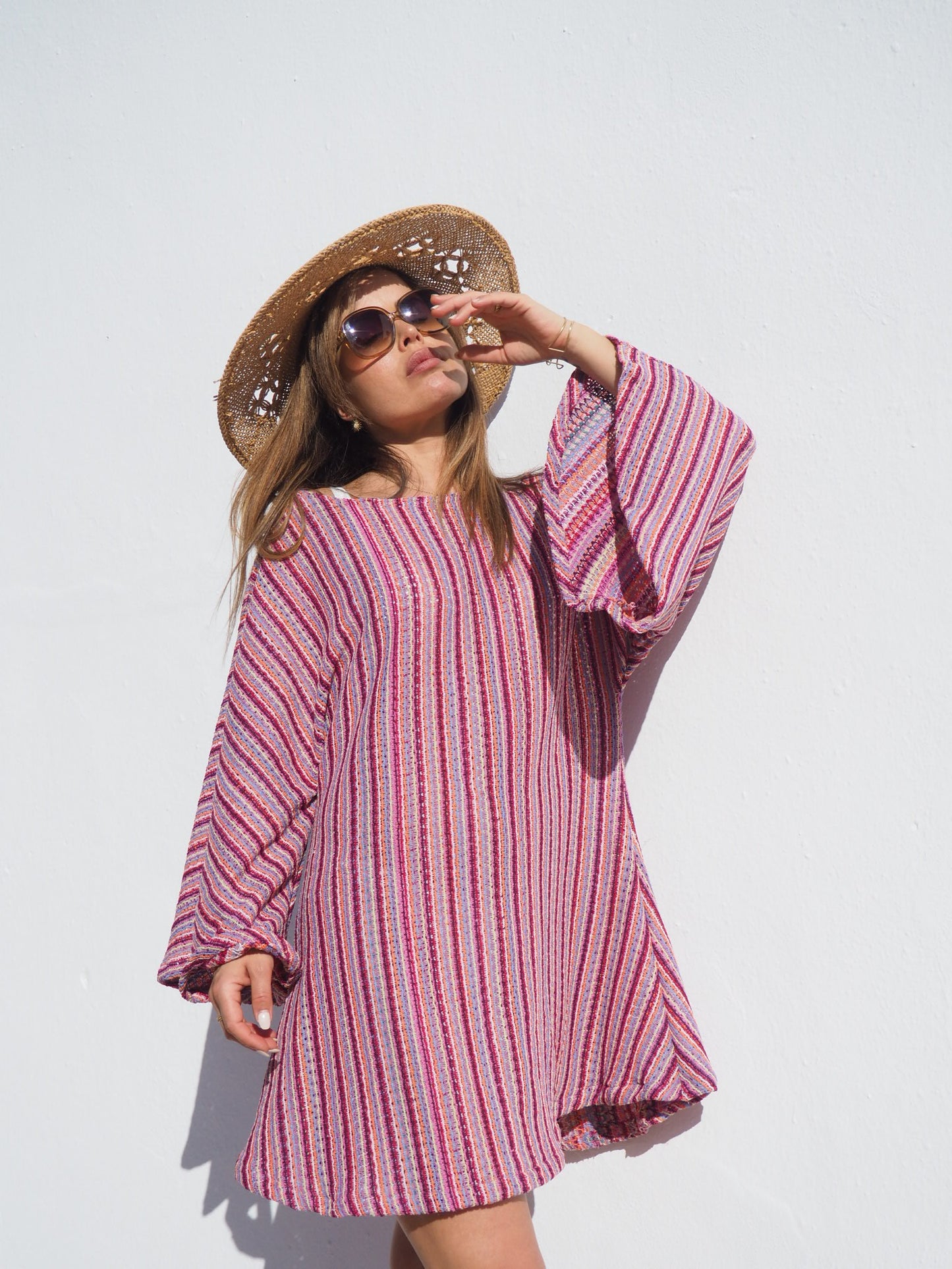 Retro dead stock fabric up-cycled pink striped bell sleeve dress made by Vagabond Ibiza