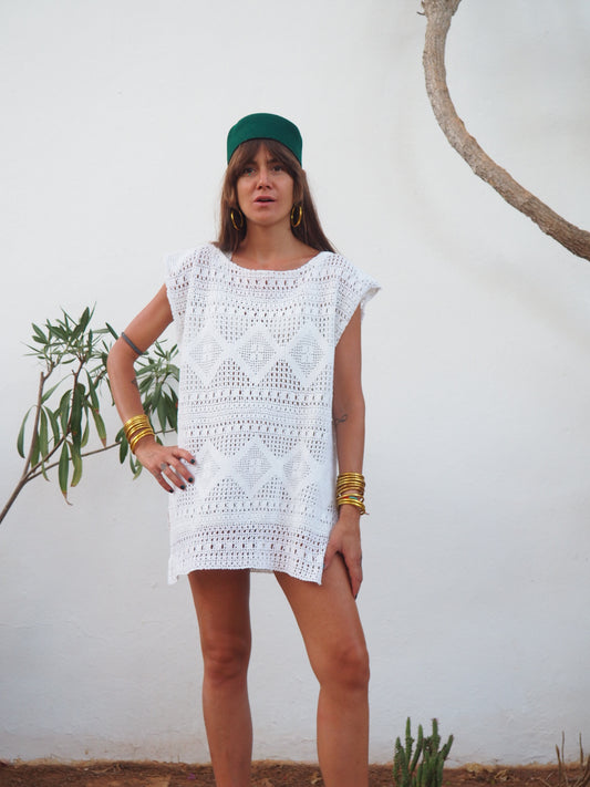 Amazing one off a kind white vintage crochet shirt dress up-cycled by Vagabond Ibiza