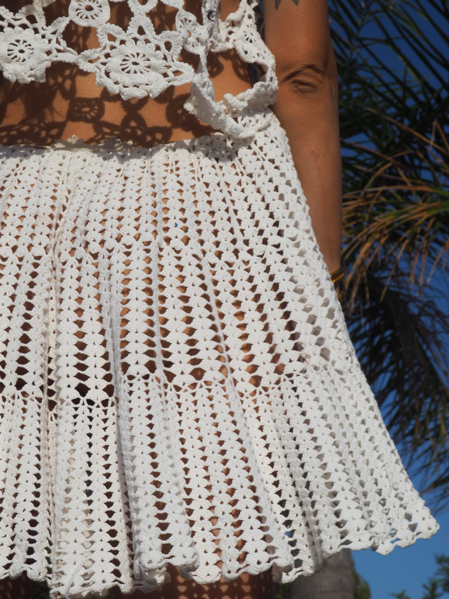 Antique white lace crochet textiles skirt up-cycled by Vagabond Ibiza