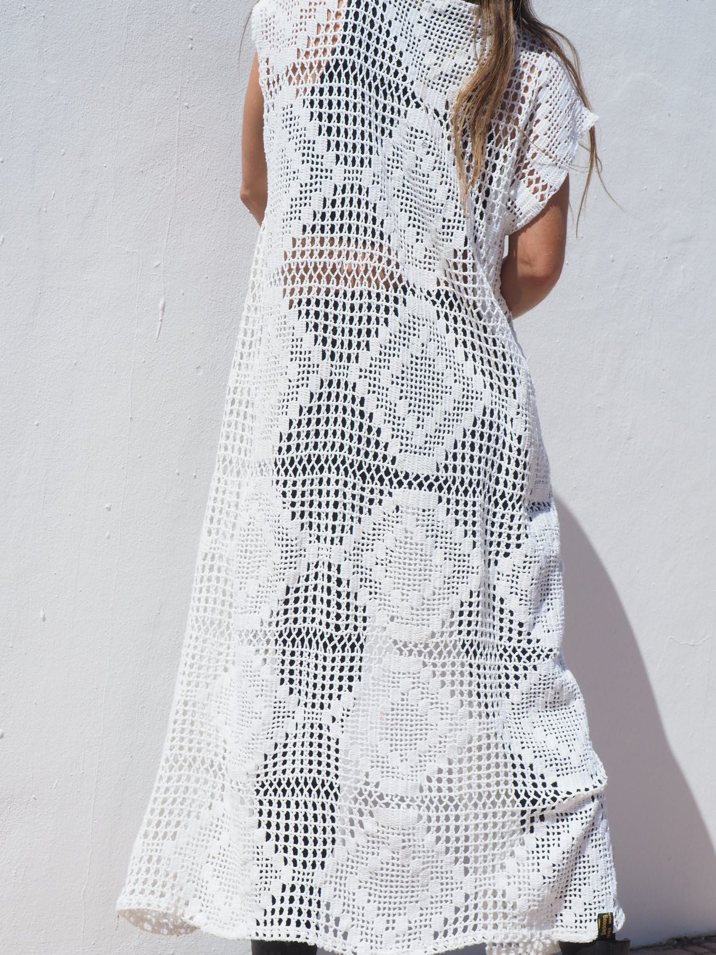 Vintage 1970’s crochet long white up-cycled waistcoat made by Vagabond Ibiza.