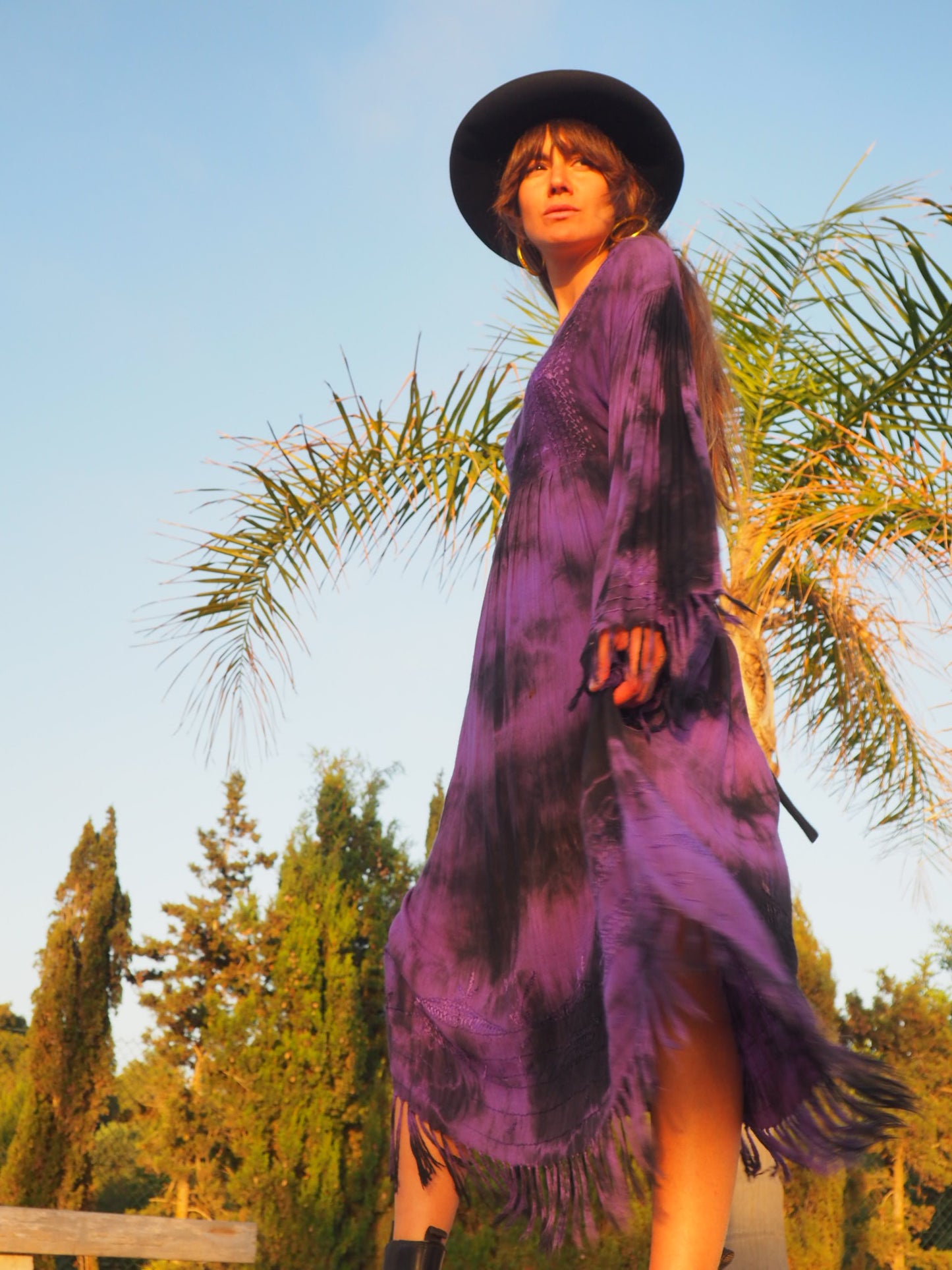 PURPLE INDIAN COTTON DRESS FROM THE 1970’s WITH WIDE SLEEVES AND TASSELS