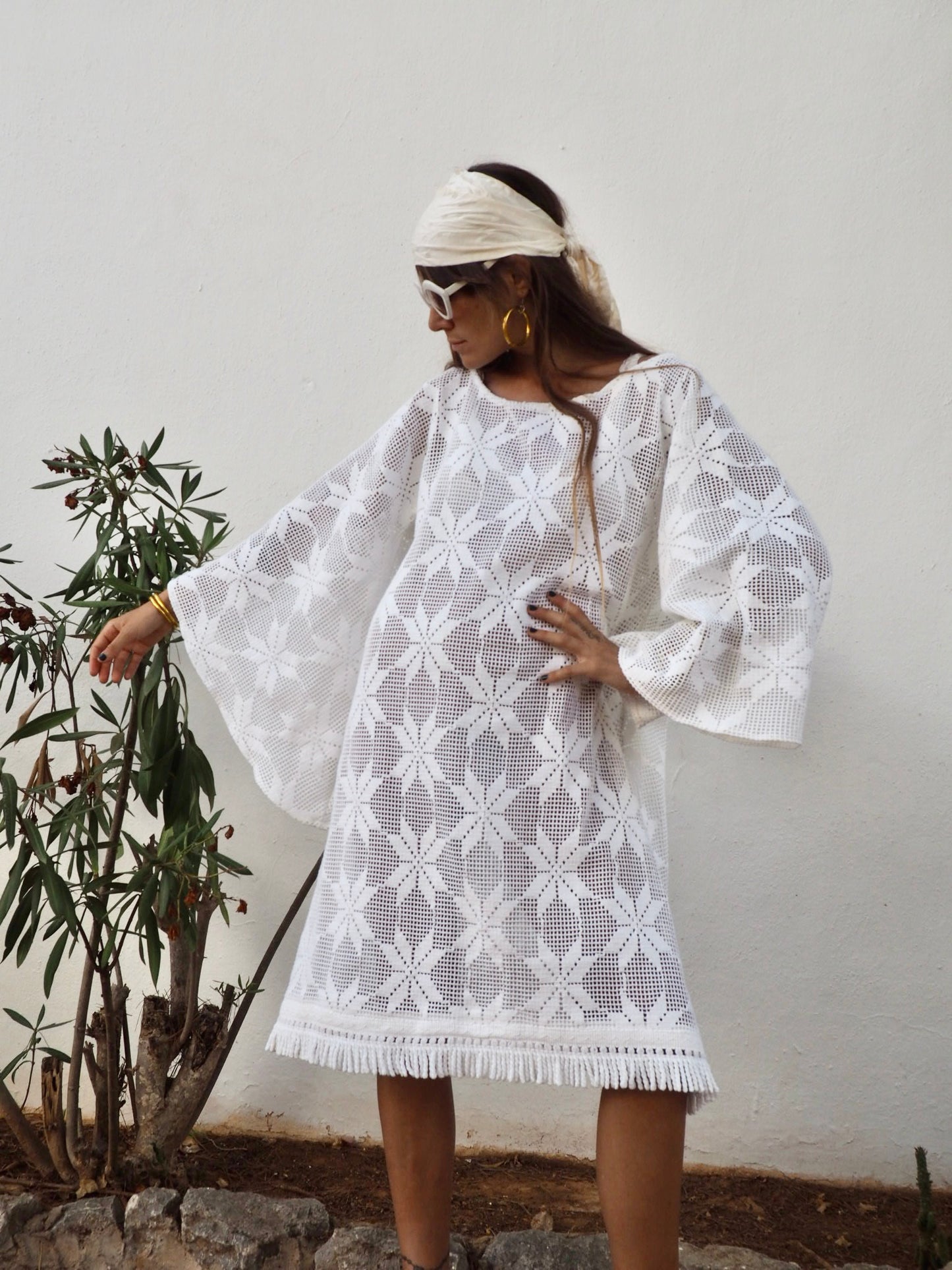 Very cool vintage white crochet oversized bell sleeve dress up-cycled by Vagabond Ibiza